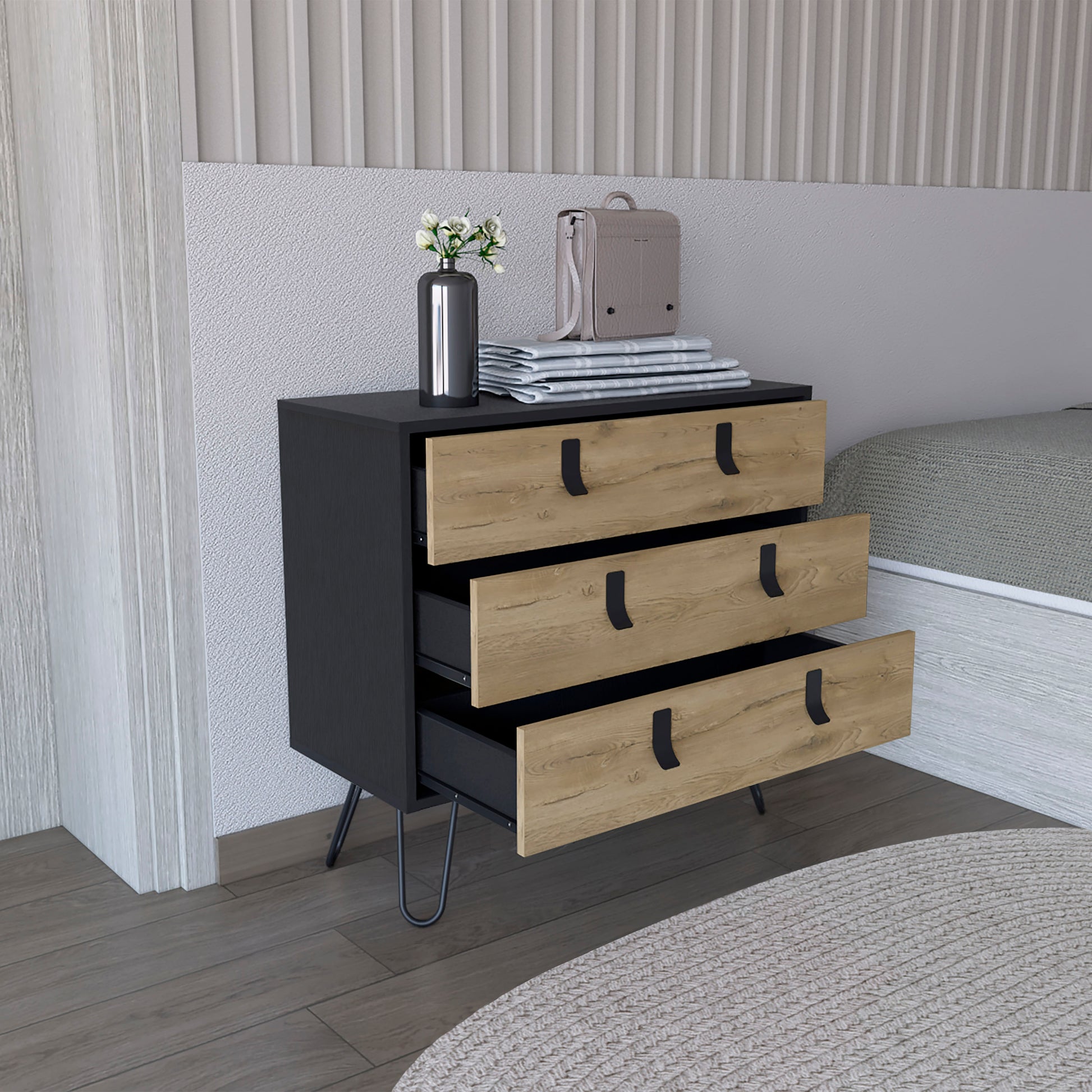 Huna Hairpin Legs Dresser With 3 Drawer Storage Multicolor Bedroom Modern Mdf Engineered Wood