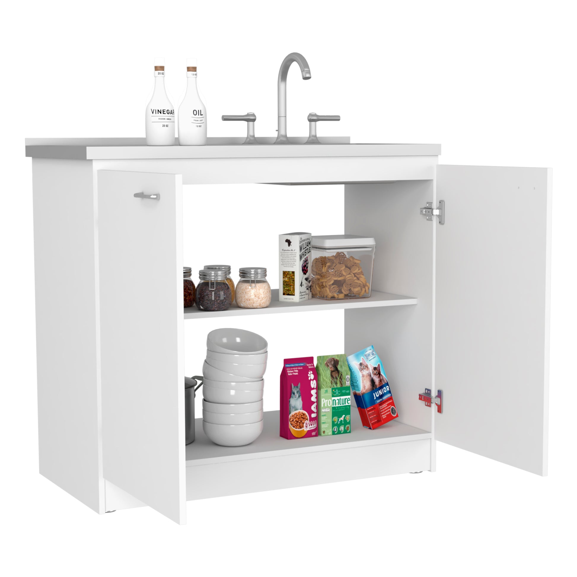 Napoles Utility Sink With Cabinet, Double Door, One Shelf White Freestanding White Shelves Included Modern Particle Board Particle Board