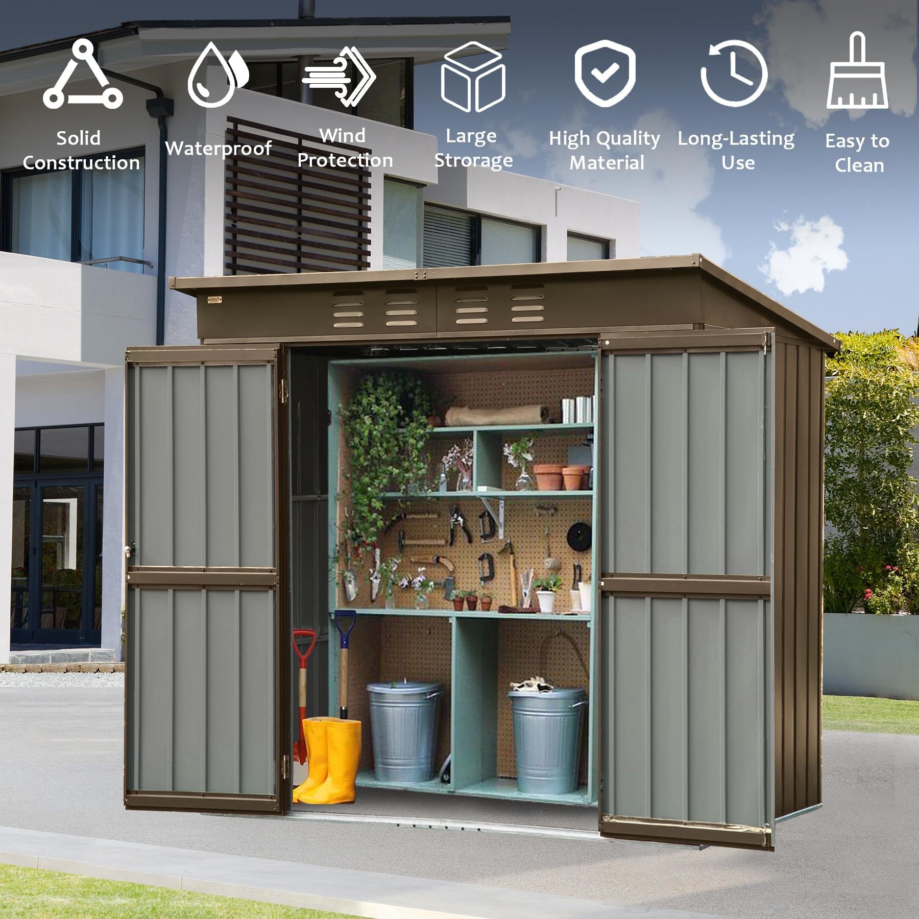 Outdoor Storage Shed 6X4 Ft, Metal Tool Sheds Storage House With Lockable Double Door, Large Bike Shed Waterproof For Garden, Backyard, Lawn Brown Metal