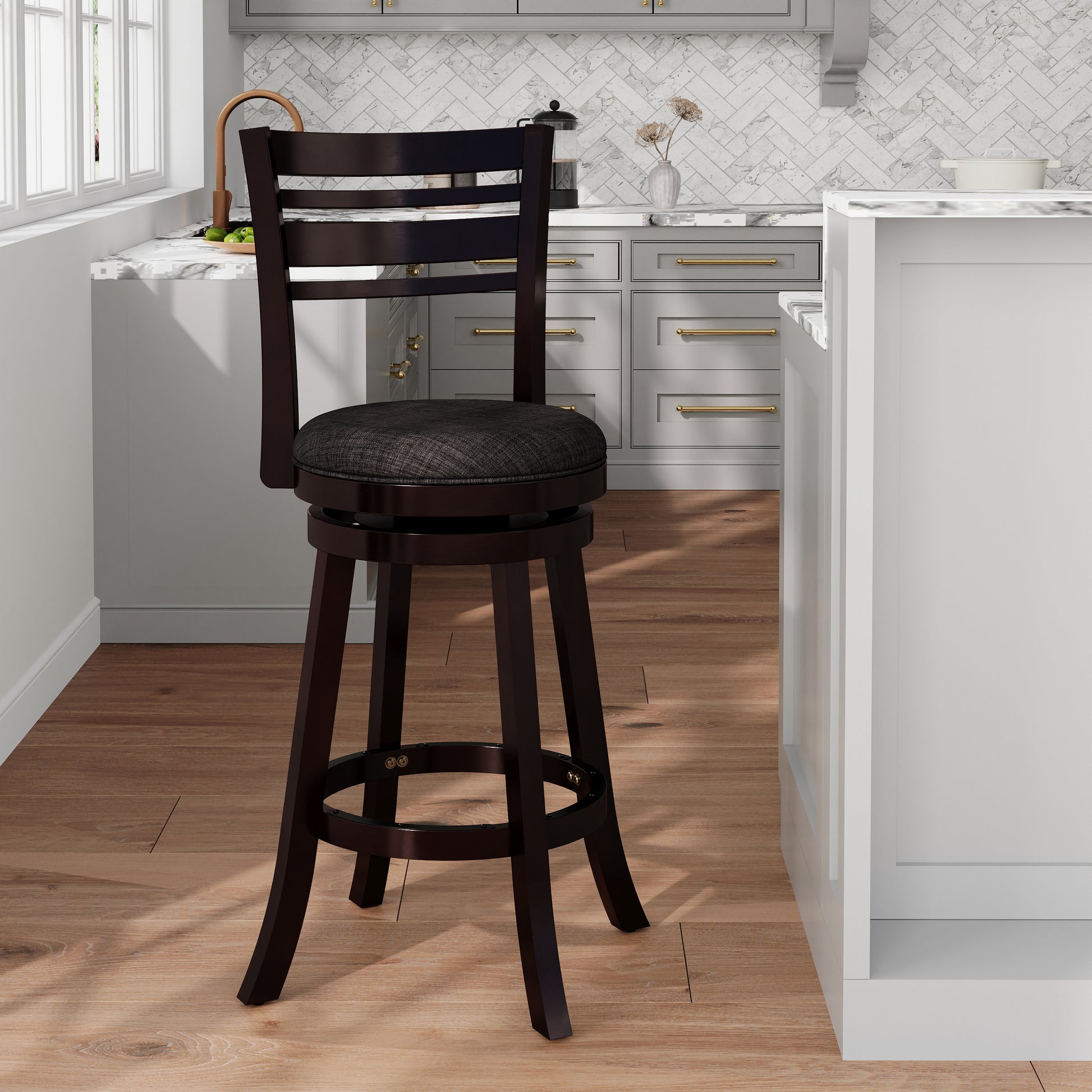 30" Bar Height Slat Back Swivel Stool, Espresso Finish, Charcoal Fabric Seat Espresso Fabric