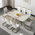 A modern minimalist rectangular dining table with a white-glass