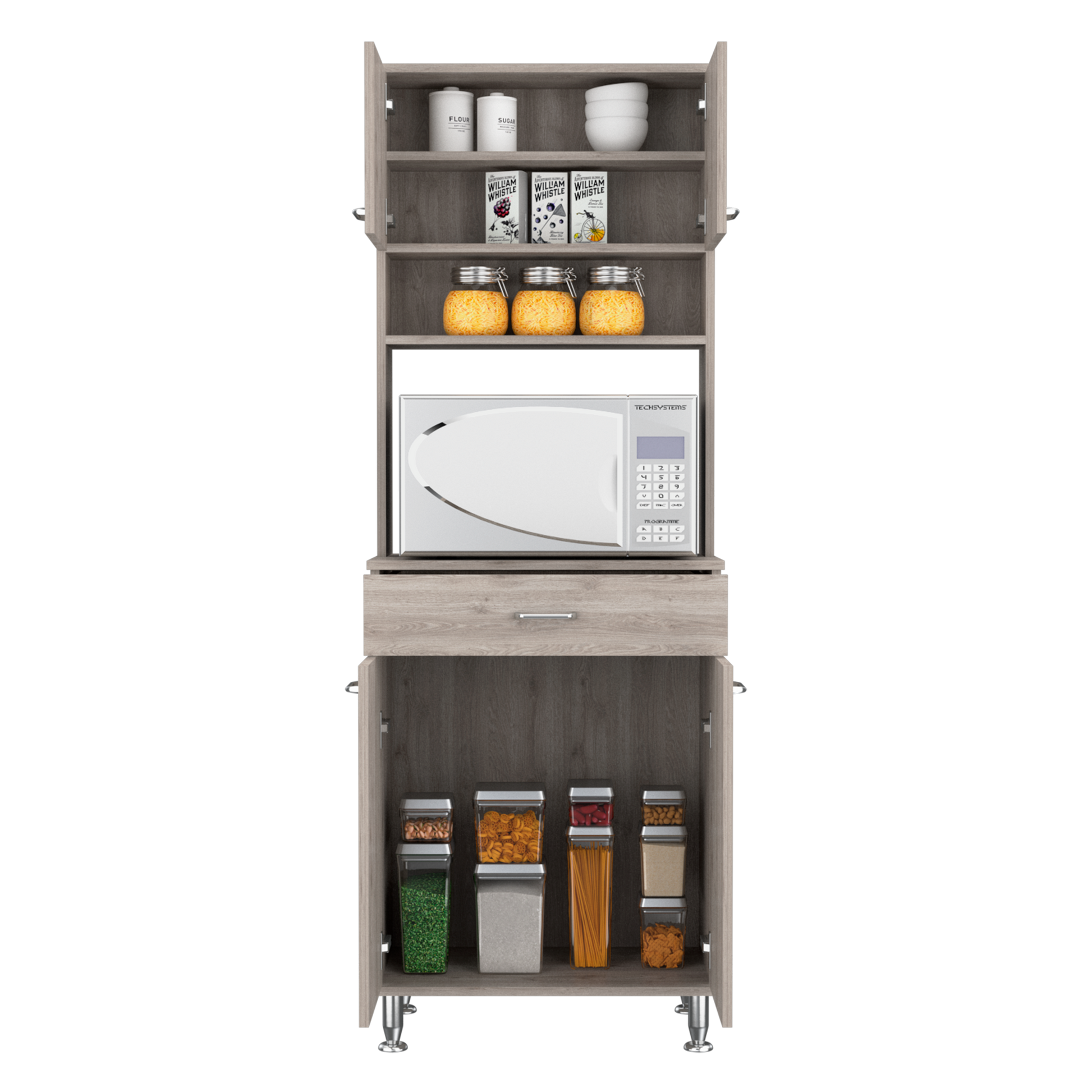 Bay Area Pantry, Two Door Cabinets, One Drawer, Four Adjustable Metal Legs Light Gray Kitchen Modern Particle Board Engineered Wood