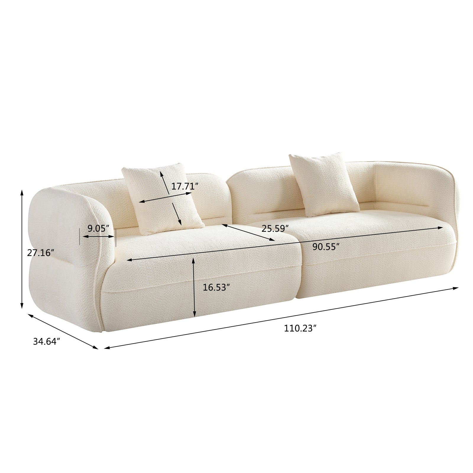White Sectional Sofa, Durable Fabric, Solid Wood Frame, High Density Sponge Filler White Bathroom Medium Soft Fabric 3 Seat