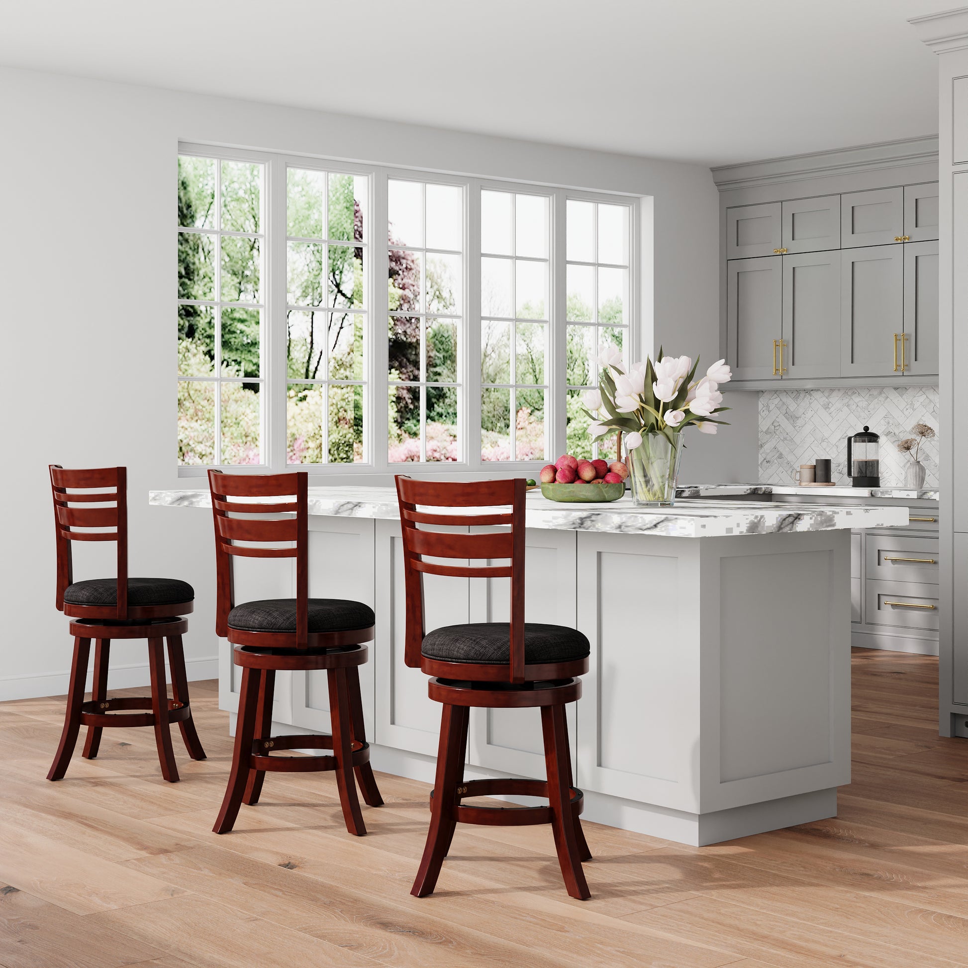 24" Counter Height Slat Back Swivel Stool, Cherry Finish, Charcoal Fabric Seat Cherry Fabric