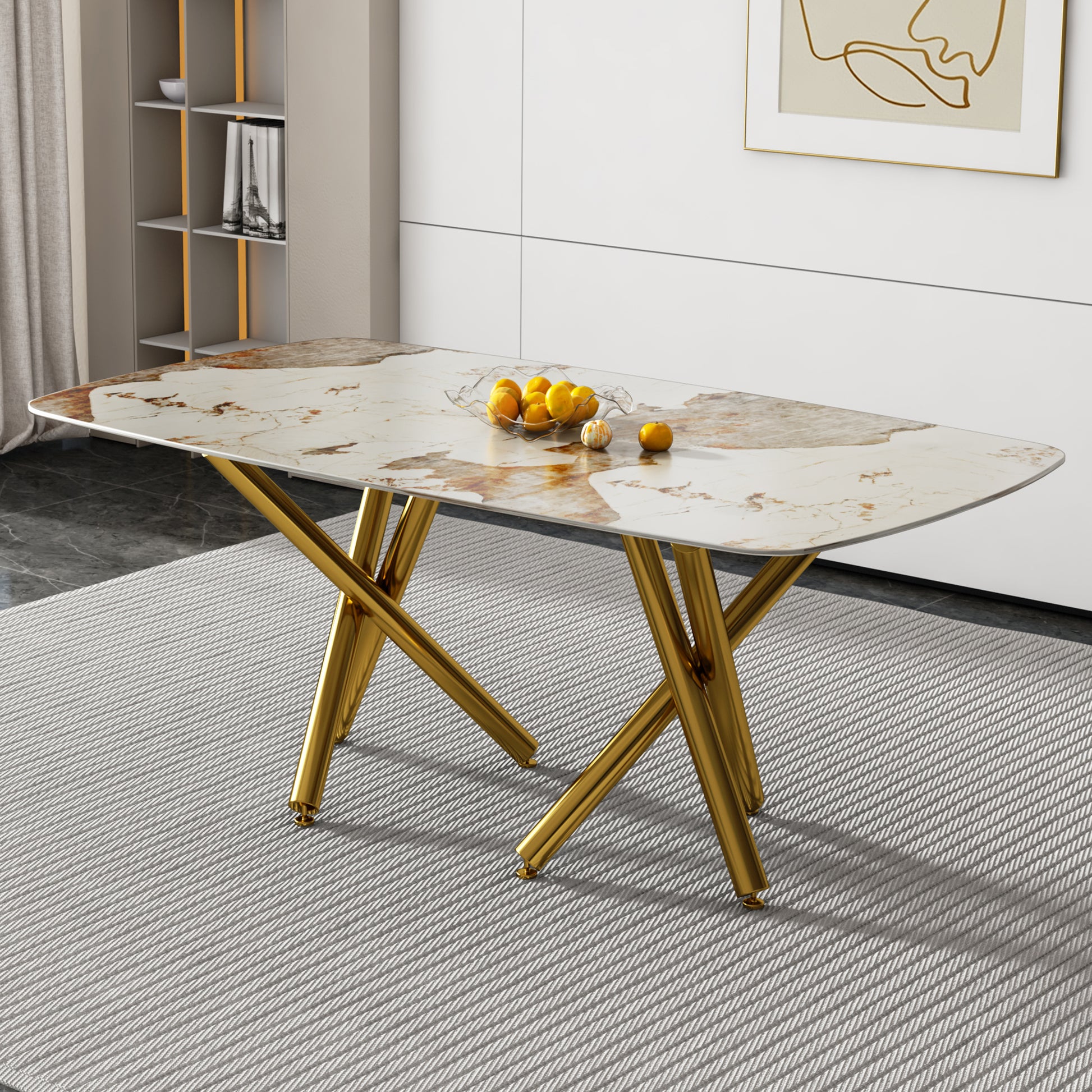 A modern minimalist rectangular dining table with a white-glass