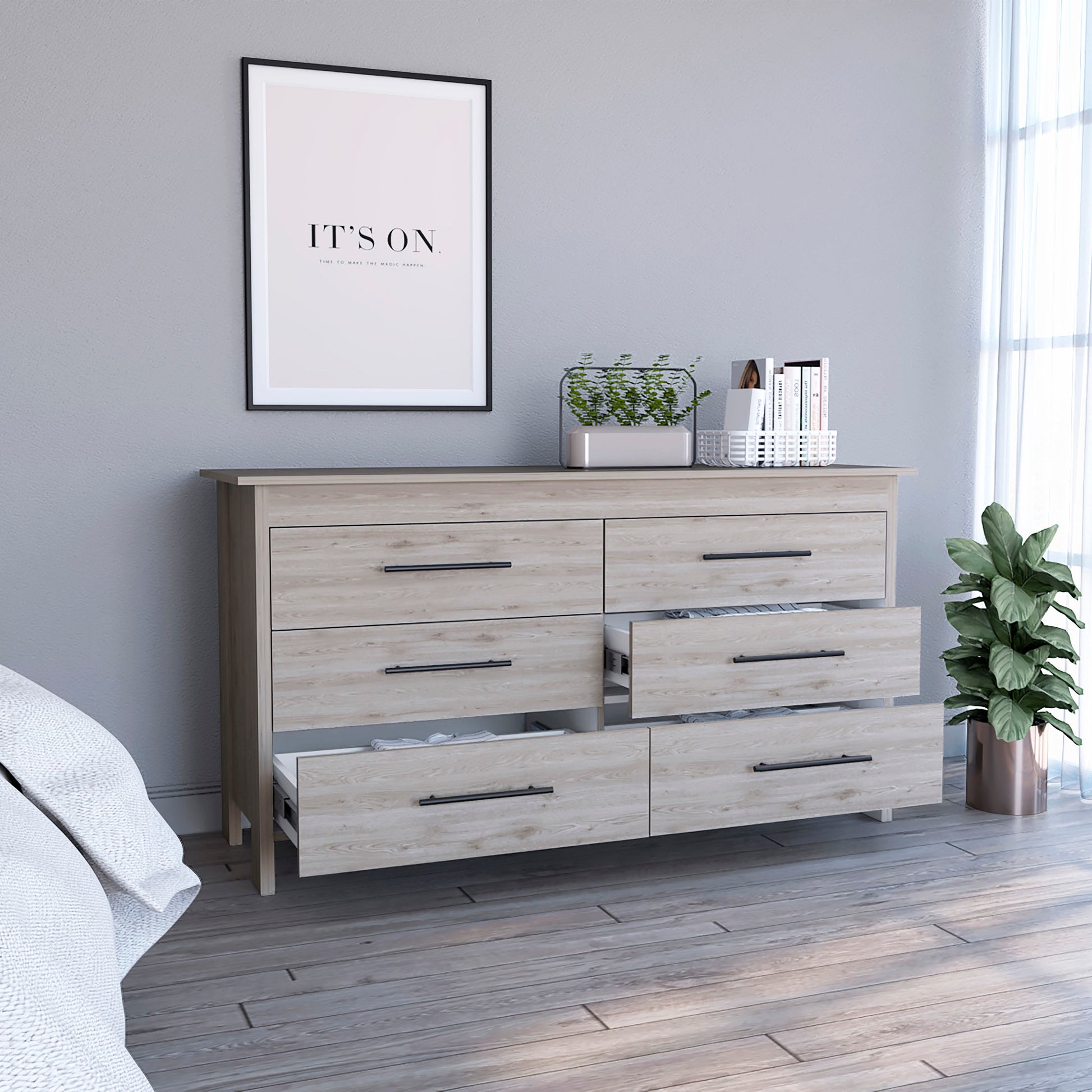 Hms 6 Drawer Double Dresser, Four Legs, Superior Top, Six Drawers Light Gray Gray Bedroom Modern Particle Board Particle Board Hms 6 Drawer Double Dresser, Four Legs, Superior Top, Six Drawers Light Gray Gray Bedroom Modern Particle Board Particle Board