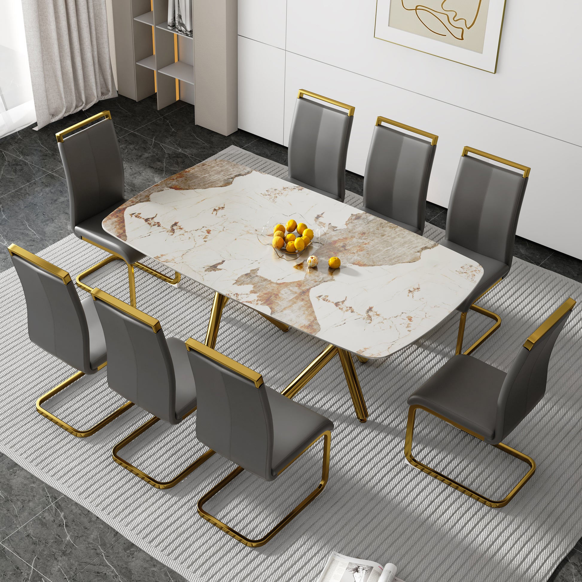A modern minimalist rectangular dining table with a white-glass