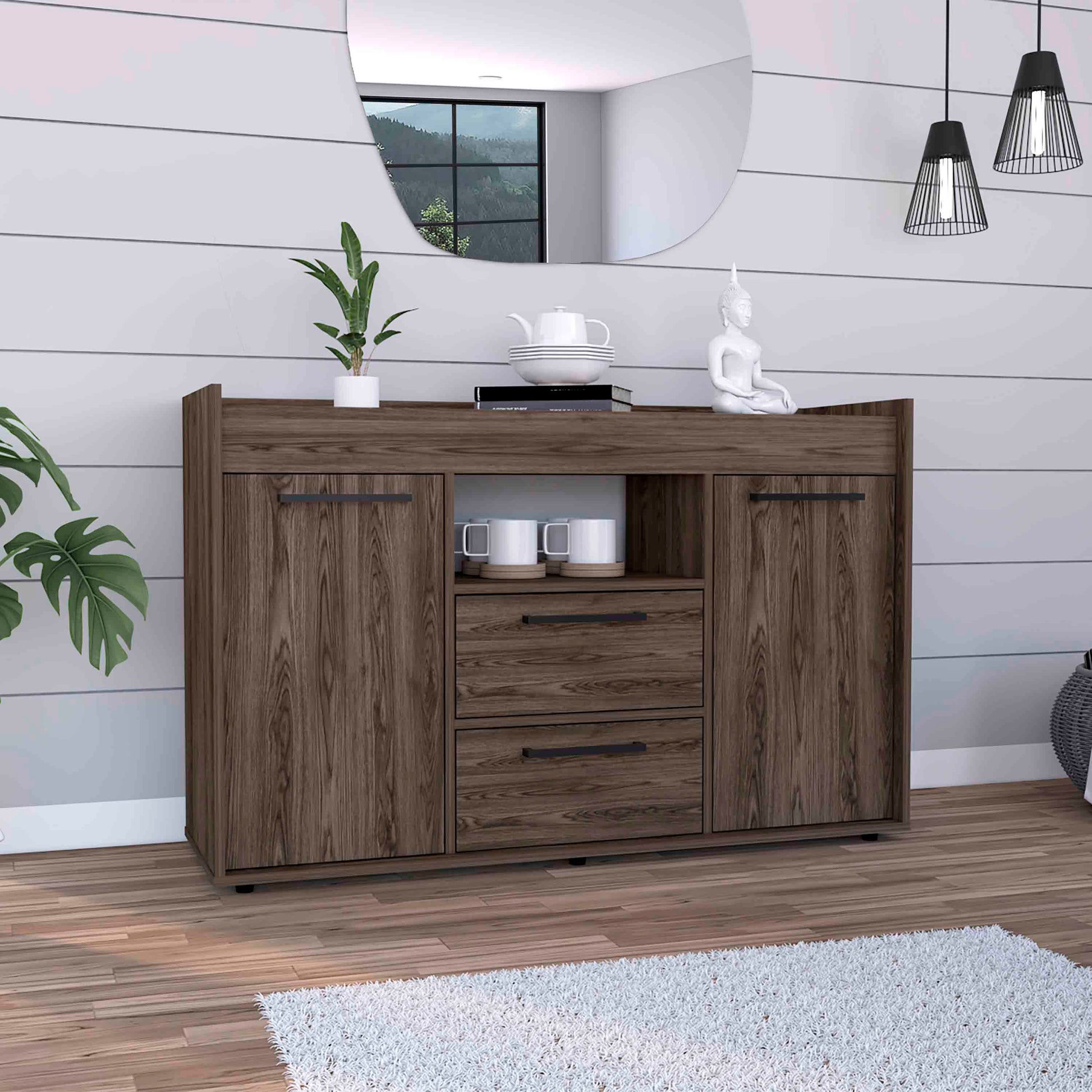 Lyon Sideboard, Two Drawers, Double Door Cabinets Dark Walnut Brown Primary Living Space Modern Freestanding Rectangular Drawers Coffee & End Tables Rectangular Particle Board Particle Board