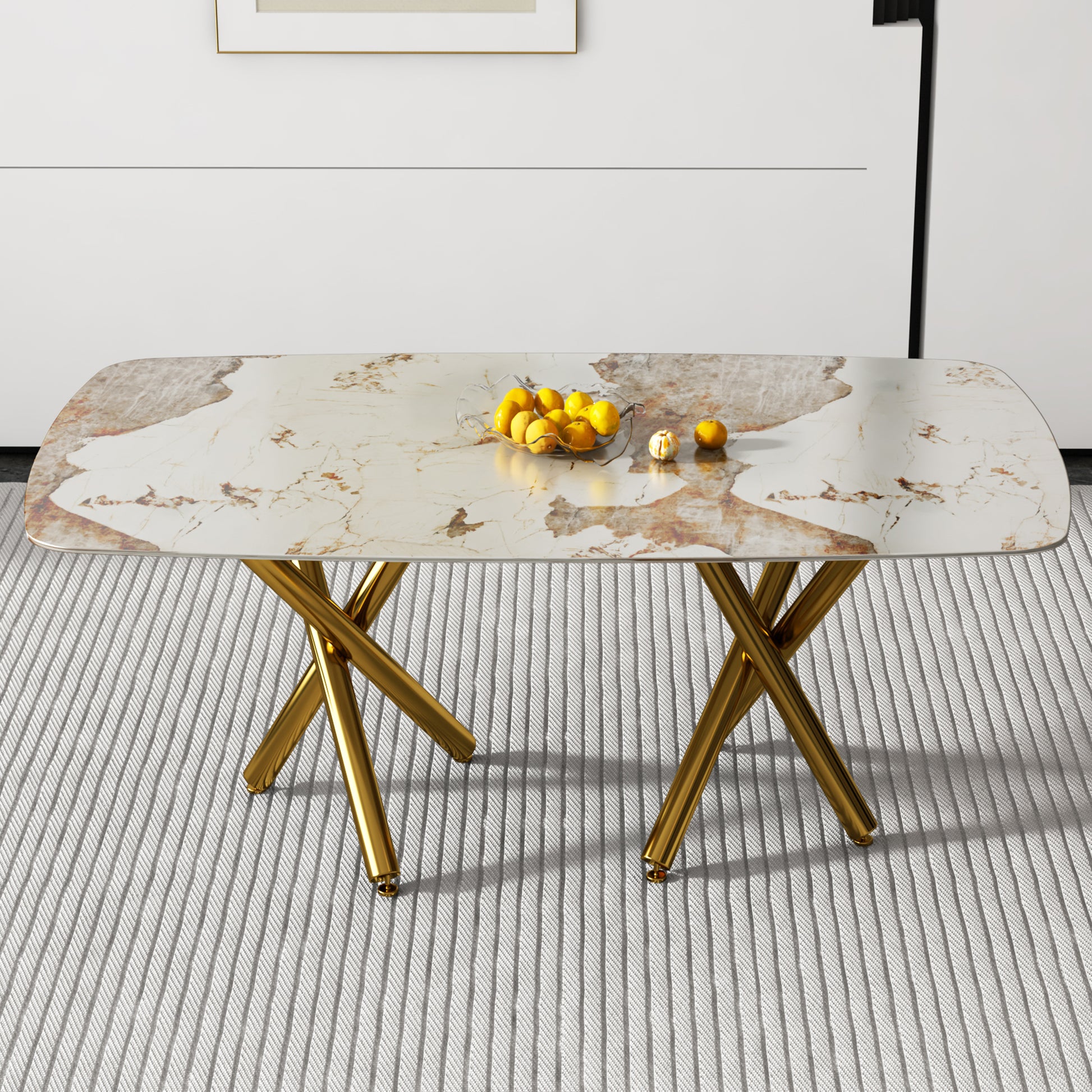 A modern minimalist rectangular dining table with a white-glass