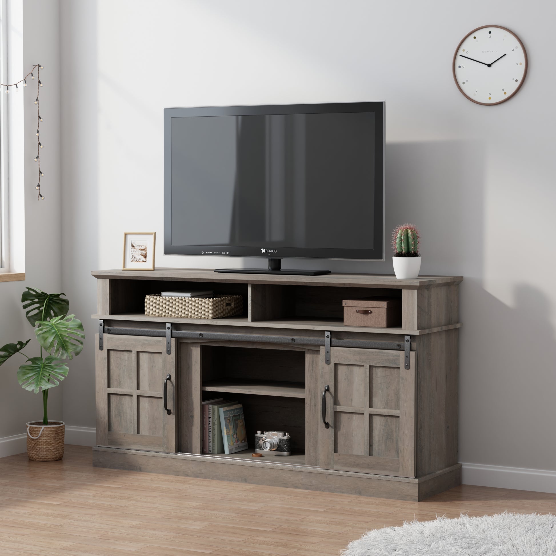 58 Inch Tv Stand With Storage Cabinet And Shelves, Tv Console Table Entertainment Center For Living Room,Bedroom Grey 50 59 Inches Particle Board