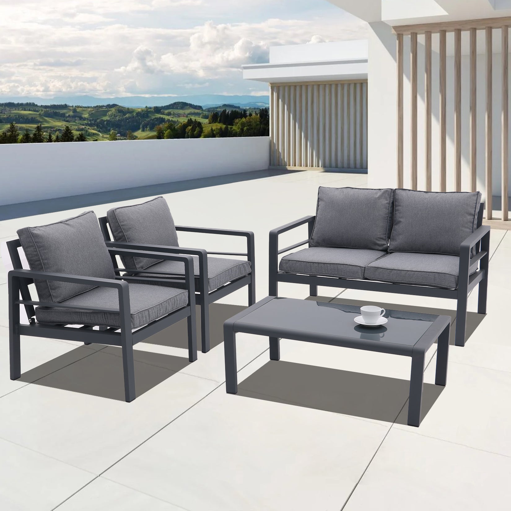 4 Piece Aluminum Outdoor Patio Conversation Set,All Weather Sectional Sofa Outside Furniture With Removable Cushions And Tempered Glass Coffee Table For Courtyard,Poolside,Deck,Balcony Grey Yes Grey Seats 4 Weather Resistant Frame Aluminium