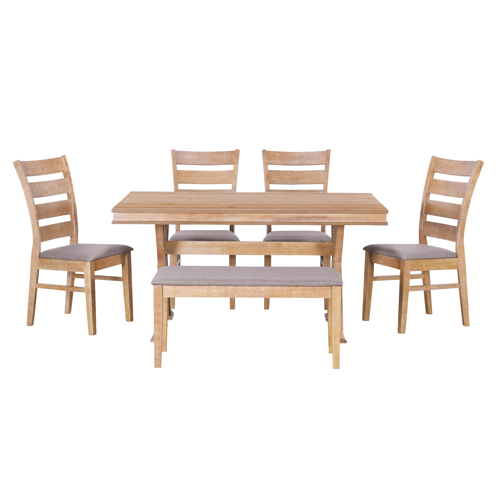 6 Piece Retro 59"L Rectangular Dining Table Set, Table With Unique Legs And 4 Upholstered Chairs & 1 Bench For Dining Room And Kitchen Natural Wood Wash Wood Dining Room Distressed Finish Rubberwood Rectangular Dining Table With Chair And Bench