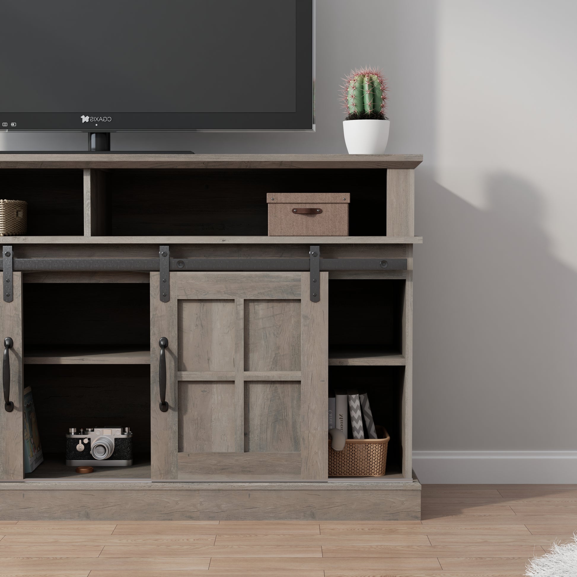 58 Inch Tv Stand With Storage Cabinet And Shelves, Tv Console Table Entertainment Center For Living Room,Bedroom Grey 50 59 Inches Particle Board