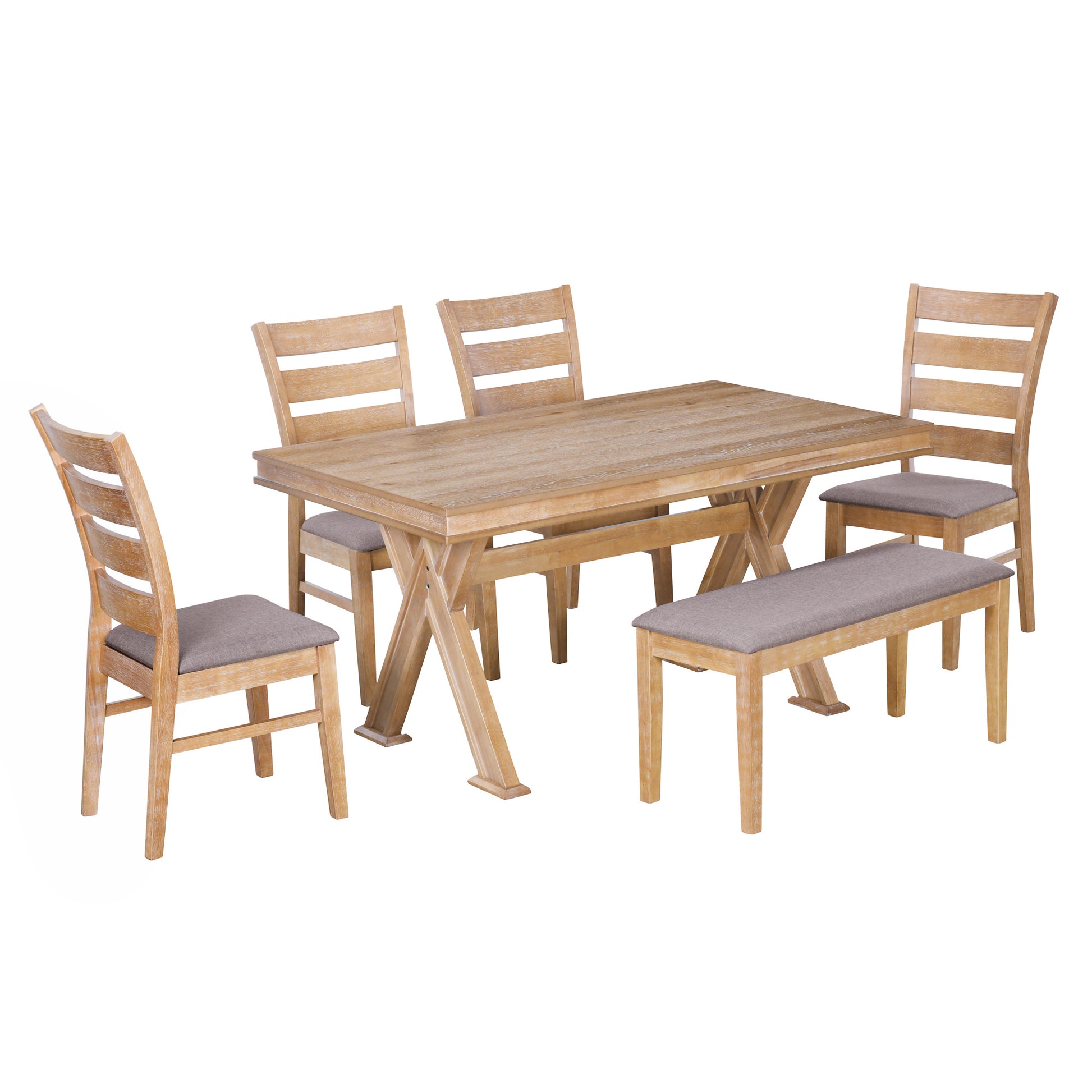 6 Piece Retro 59"L Rectangular Dining Table Set, Table With Unique Legs And 4 Upholstered Chairs & 1 Bench For Dining Room And Kitchen Natural Wood Wash Wood Dining Room Distressed Finish Rubberwood Rectangular Dining Table With Chair And Bench