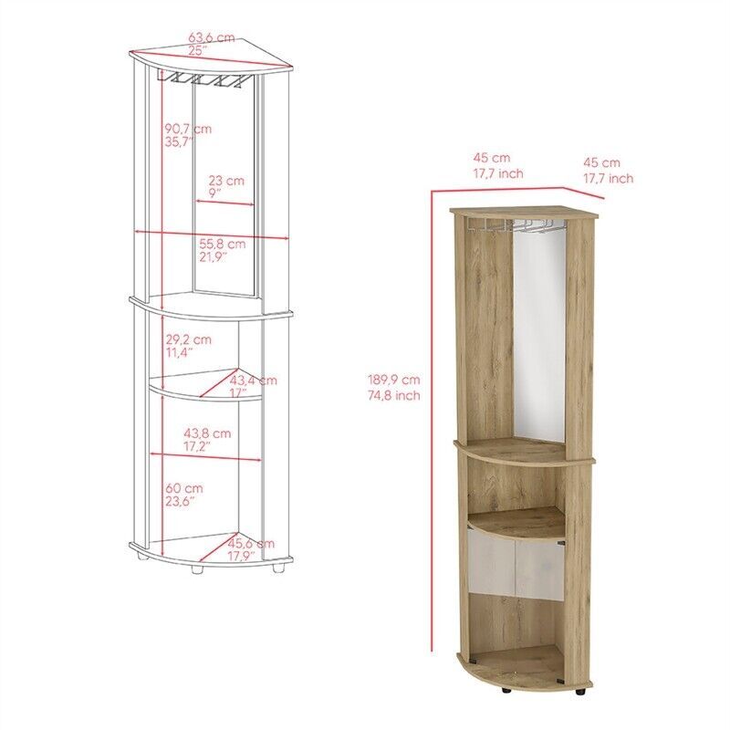 74" H Macadamia Bar Coffee Corner Cabinet Storage, With Rounded Front Design, With 2 Central Shelves, 1 Glass Holder In The Upper Compartment And 1 Storage With Double Glass Door In The Lower Part. Beige Particle Board Particle Board