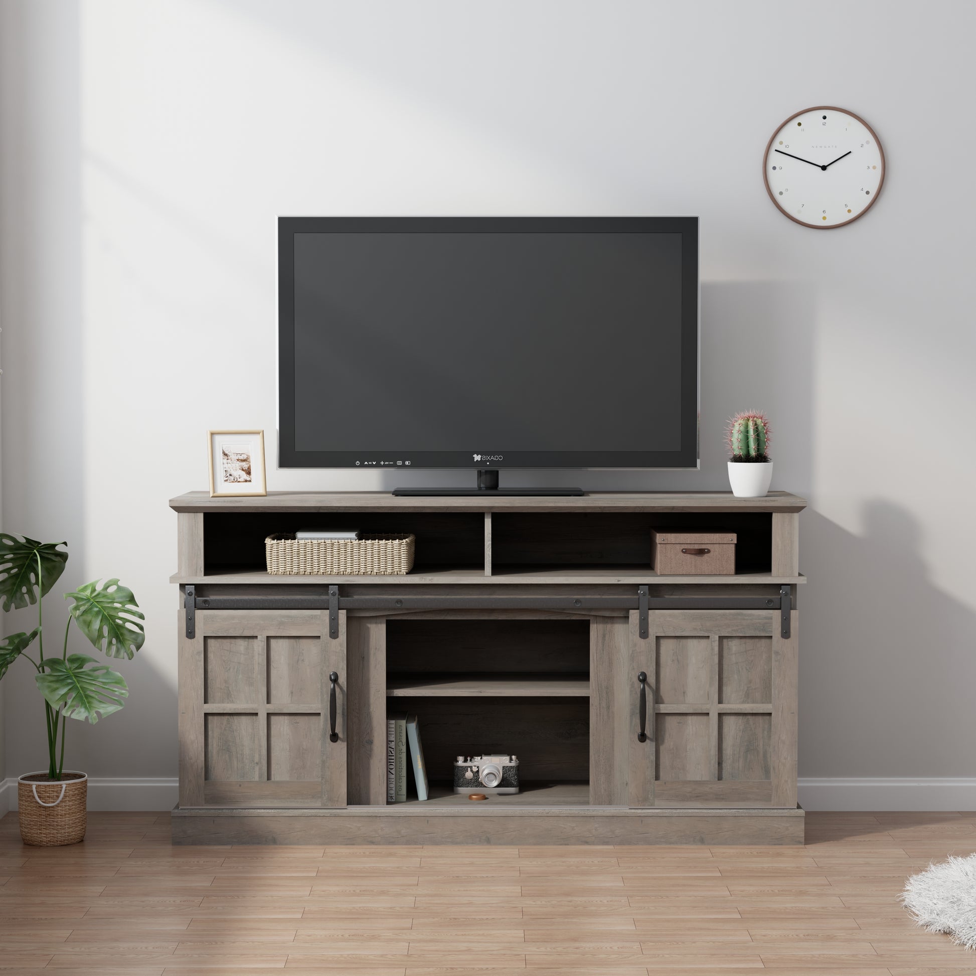 58 Inch Tv Stand With Storage Cabinet And Shelves, Tv Console Table Entertainment Center For Living Room,Bedroom Grey 50 59 Inches Particle Board