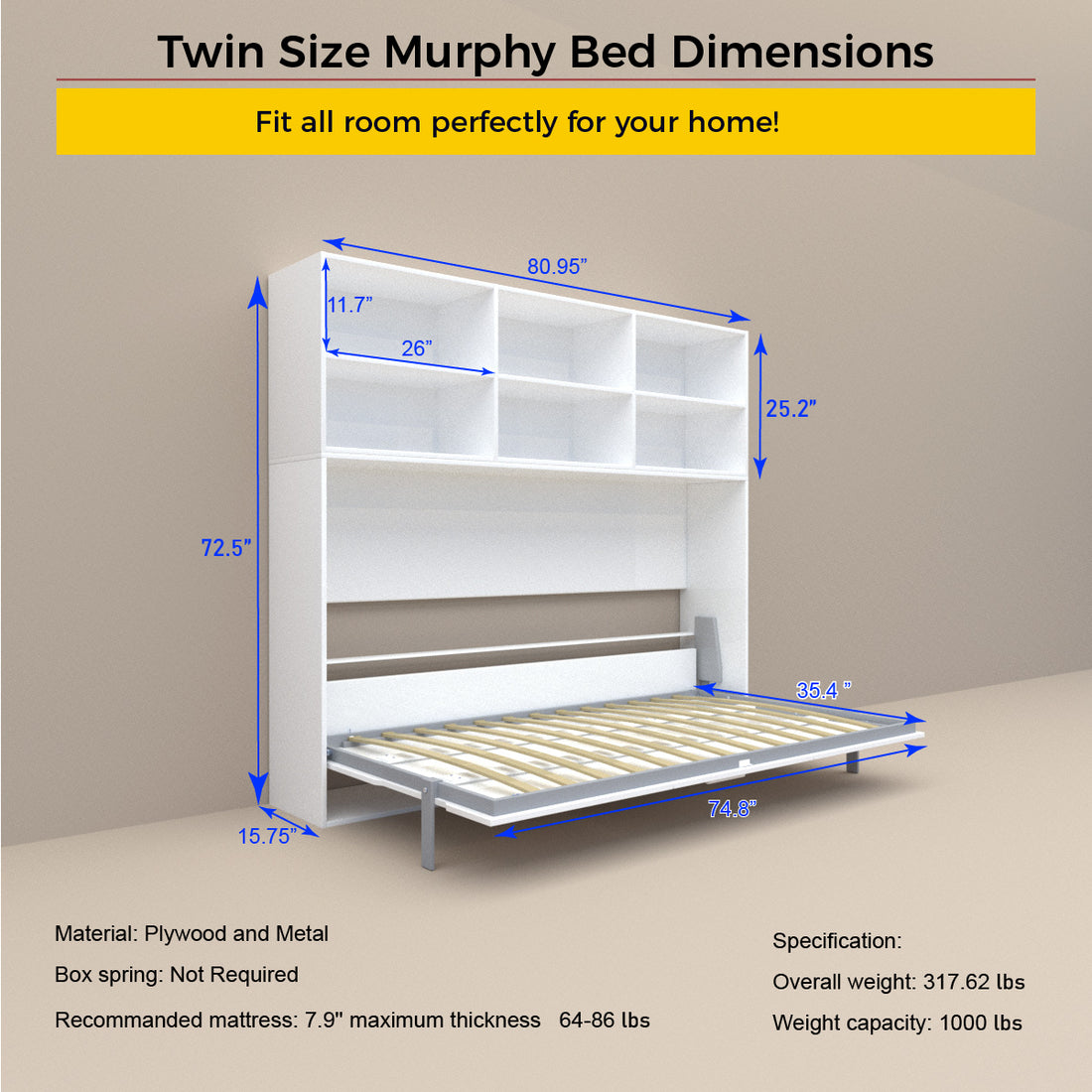 Mordern Design Twin Size Horizontal Murphy Bed With Shelf Storage For Bedroom Or Guestroom White Wall Bed Space Saving Hidden Bed With Style Gas Struts Box Spring Not Required Twin White Metal White Bedroom American Design,Cute,European,Modern Murphy