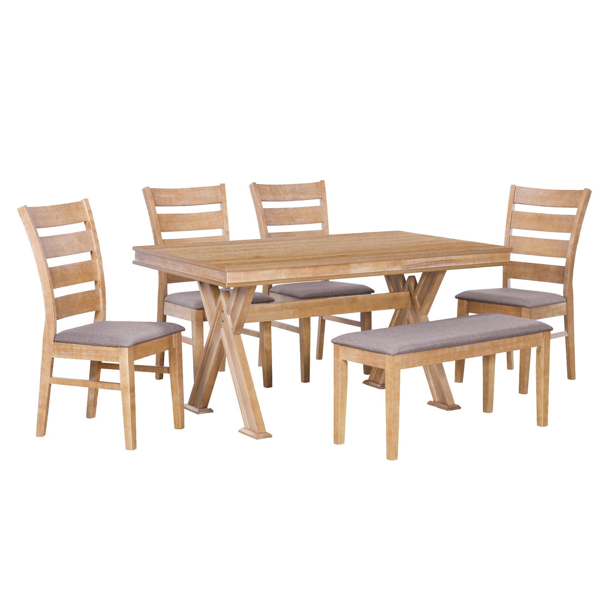 6 Piece Retro 59"L Rectangular Dining Table Set, Table With Unique Legs And 4 Upholstered Chairs & 1 Bench For Dining Room And Kitchen Natural Wood Wash Wood Dining Room Distressed Finish Rubberwood Rectangular Dining Table With Chair And Bench