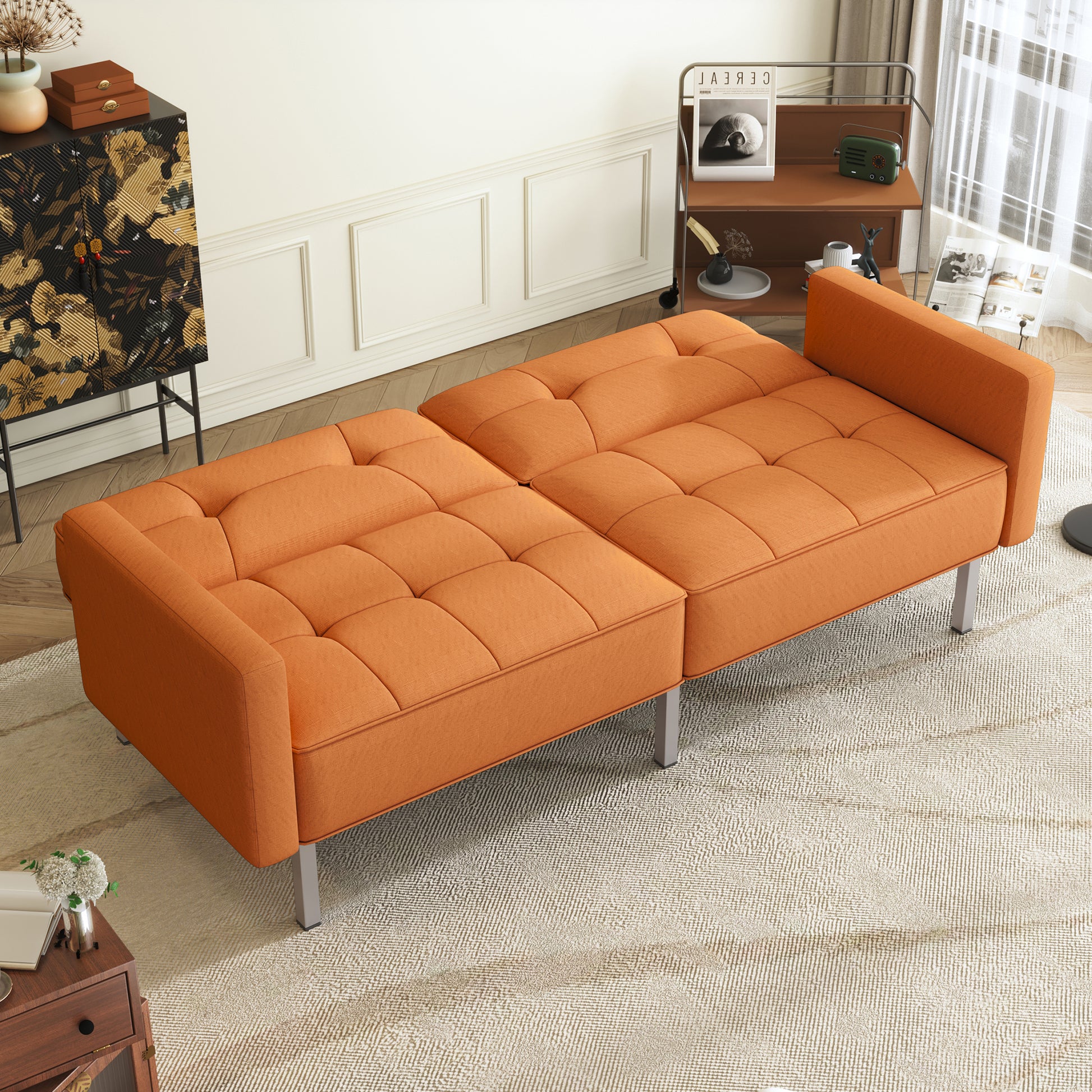 Orisfur. Linen Upholstered Modern Convertible Folding Futon Sofa Bed For Compact Living Space, Apartment, Dorm Orange Foam Linen