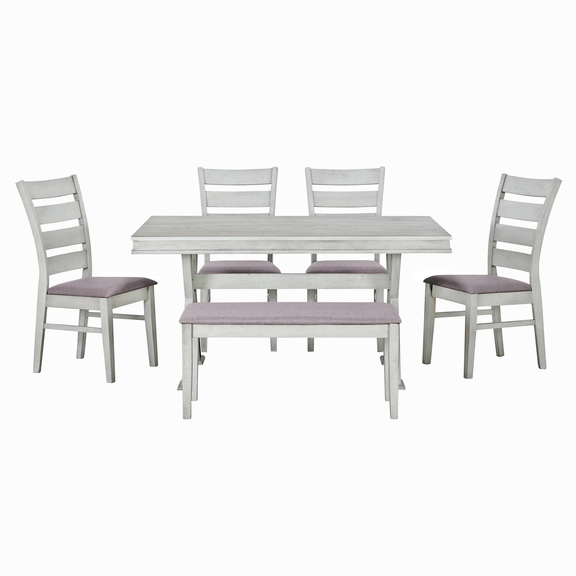 6 Piece Retro 59"L Rectangular Dining Table Set, Table With Unique Legs And 4 Upholstered Chairs & 1 Bench For Dining Room And Kitchen White Wood Dining Room Distressed Finish Rubberwood Rectangular Dining Table With Chair And Bench Upholstered Chair