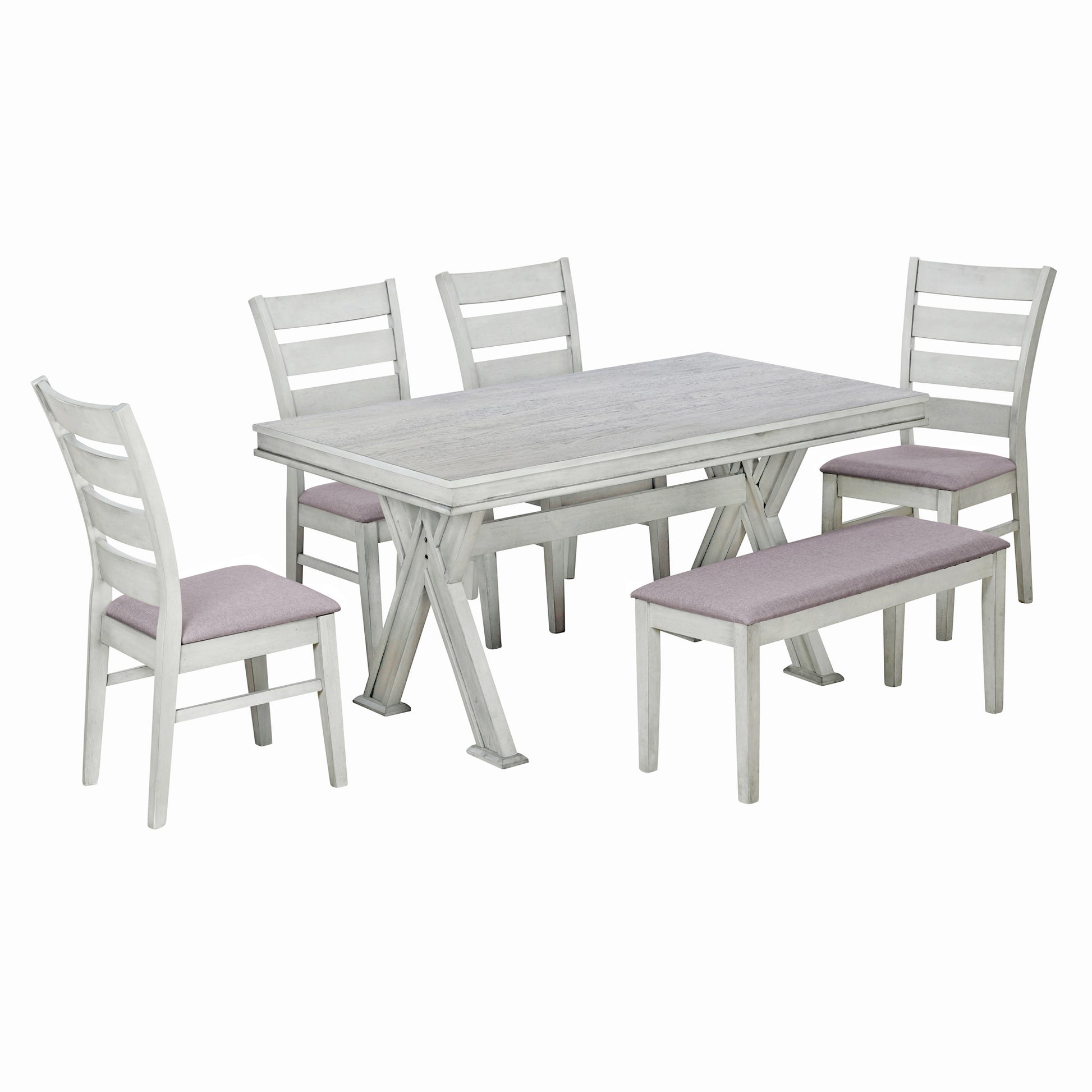 6 Piece Retro 59"L Rectangular Dining Table Set, Table With Unique Legs And 4 Upholstered Chairs & 1 Bench For Dining Room And Kitchen White Wood Dining Room Distressed Finish Rubberwood Rectangular Dining Table With Chair And Bench Upholstered Chair