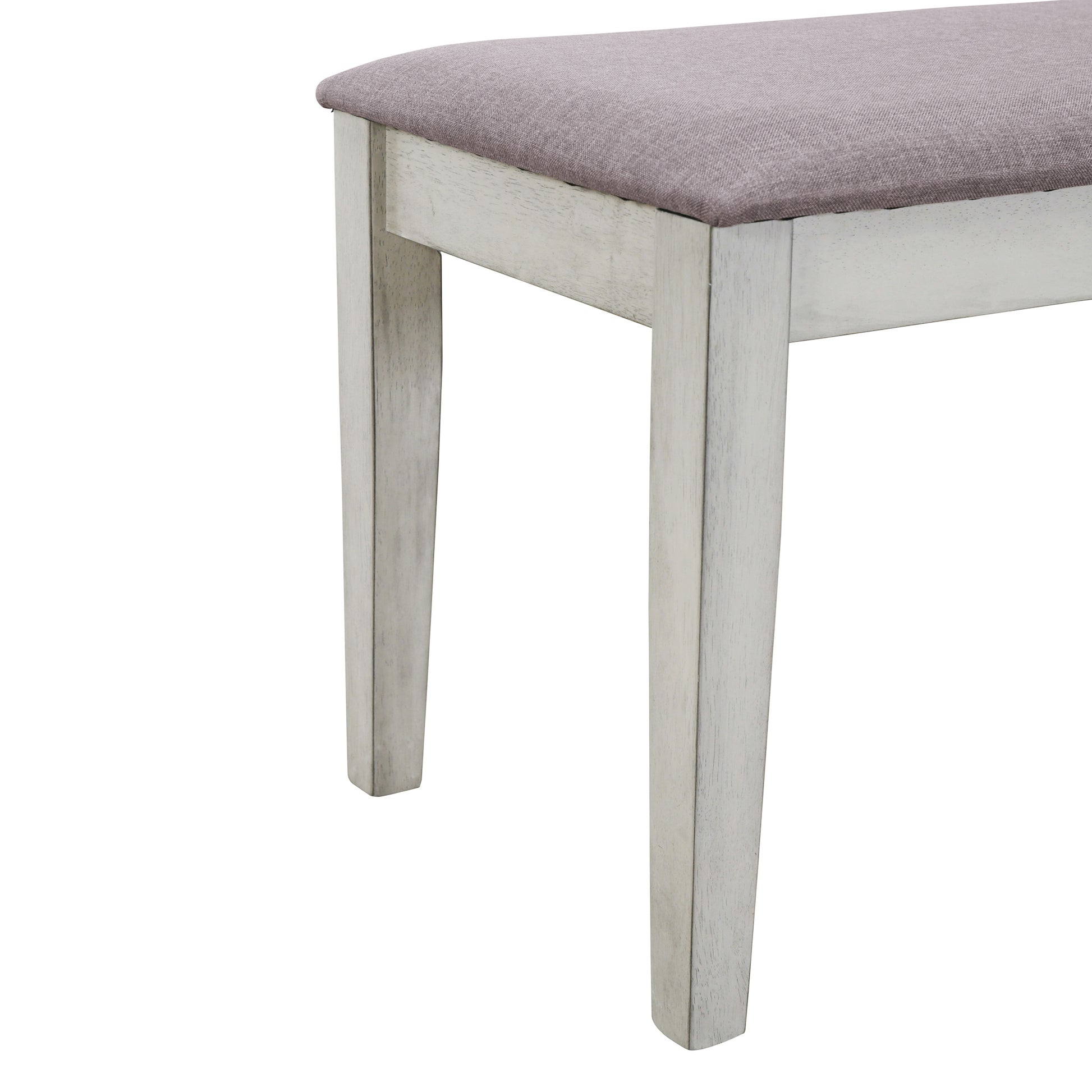 6 Piece Retro 59"L Rectangular Dining Table Set, Table With Unique Legs And 4 Upholstered Chairs & 1 Bench For Dining Room And Kitchen White Wood Dining Room Distressed Finish Rubberwood Rectangular Dining Table With Chair And Bench Upholstered Chair