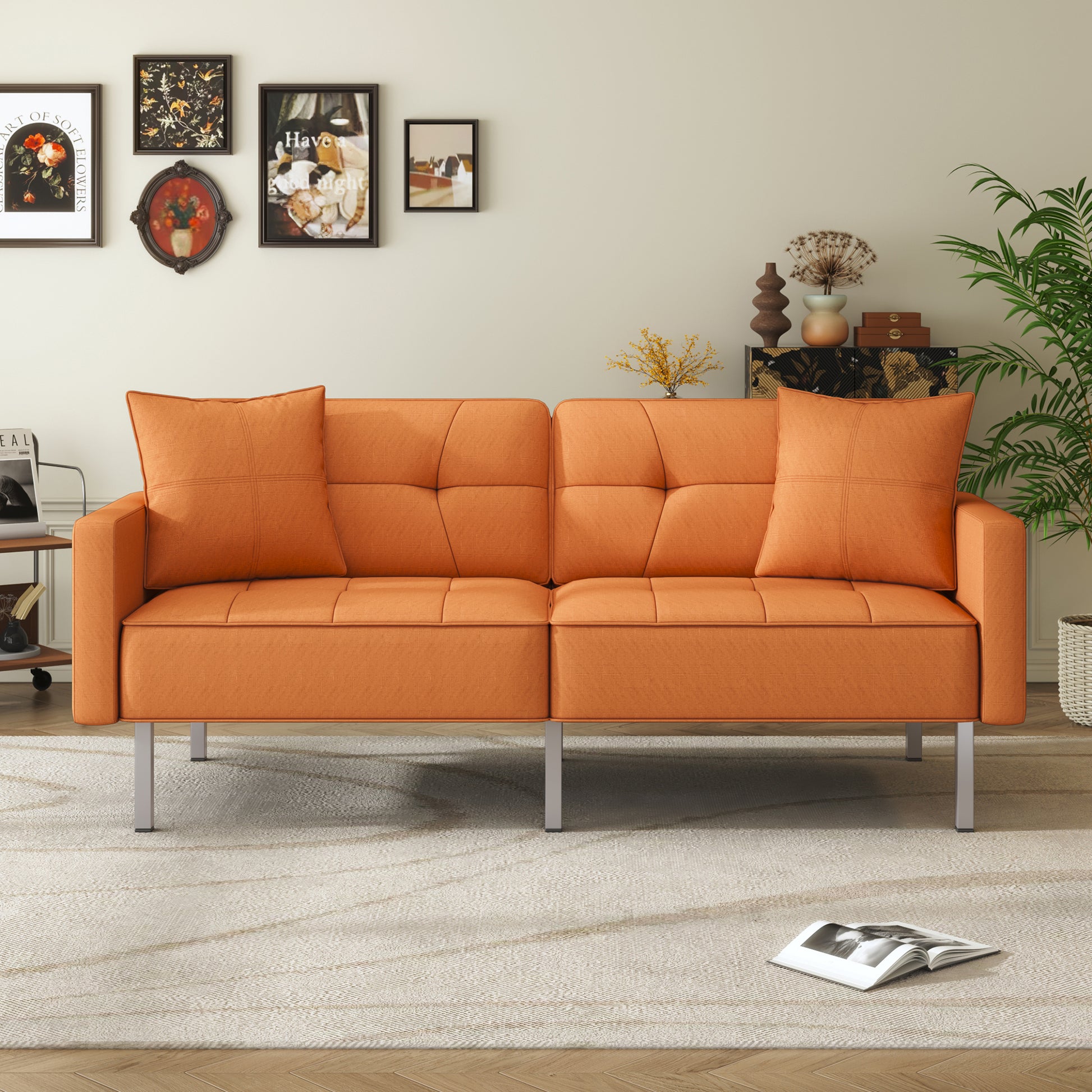 Orisfur. Linen Upholstered Modern Convertible Folding Futon Sofa Bed For Compact Living Space, Apartment, Dorm Orange Foam Linen