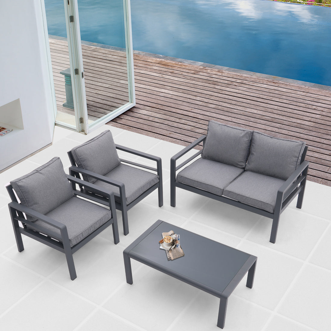 4 Piece Aluminum Outdoor Patio Conversation Set,All Weather Sectional Sofa Outside Furniture With Removable Cushions And Tempered Glass Coffee Table For Courtyard,Poolside,Deck,Balcony Grey Yes Grey Seats 4 Weather Resistant Frame Aluminium