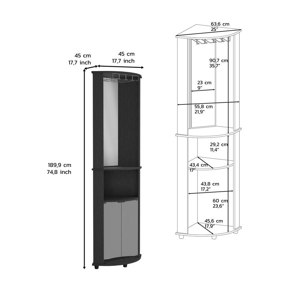 74" H Black Bar Coffee Corner Cabinet Storage, With Rounded Front Design, With 2 Central Shelves, 1 Glass Holder In The Upper Compartment And 1 Storage With Double Glass Door In The Lower Part. Black Particle Board Particle Board