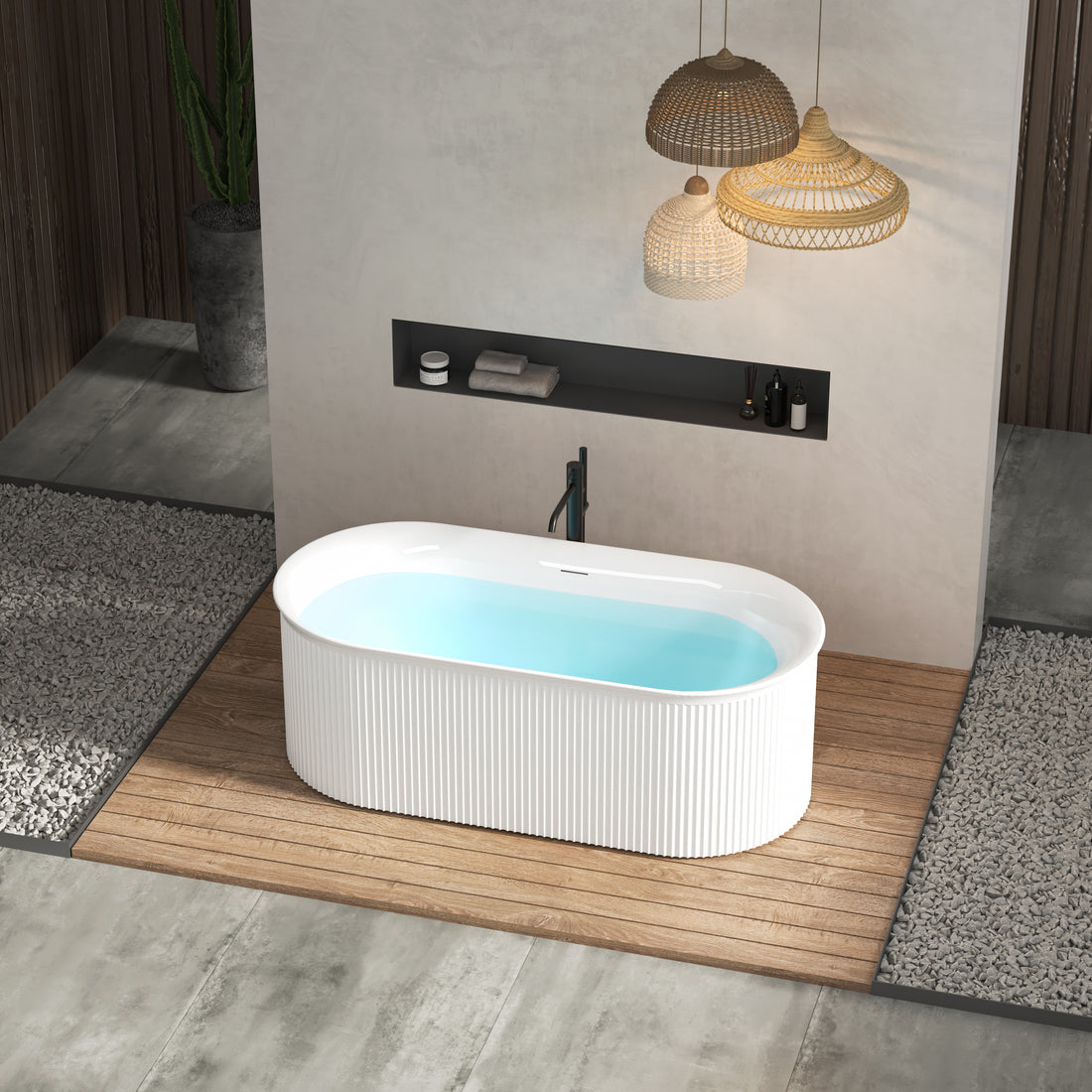 67" Acrylic Freestanding Bathtub Acrylic Soaking Tubs, Fluted Style Gloss White Freestanding Bathtub With Integrated Slotted Overflow And Brushed Nickel Toe Tap Drain, 02149 Bn Glossy White Oval Bathroom Freestanding Tubs Polished 61 69 In Contemporary