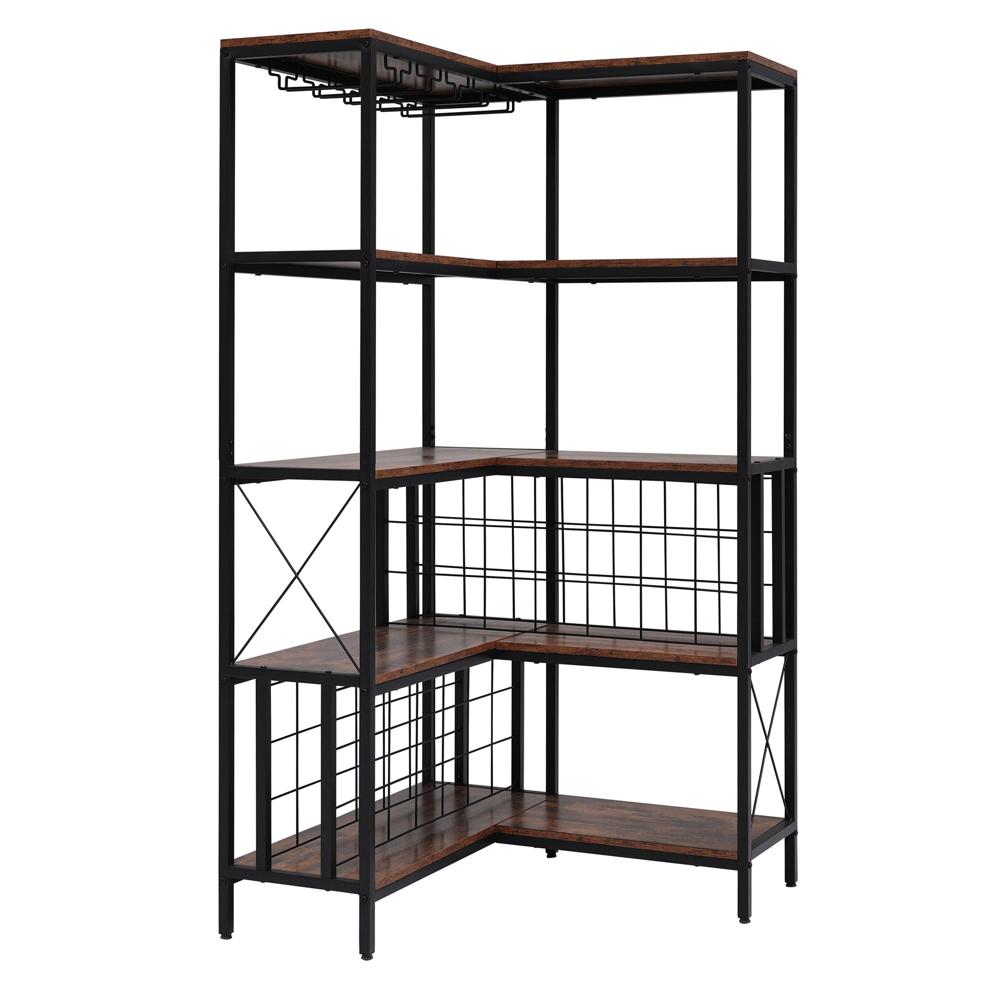 Corner Wine Rack Bar Cabinet Industrial Freestanding Floor Bar Cabinets For Liquor And Glasses Storage For Home Kitchen Walnut Black Dining Room Industrial Mdf Metal