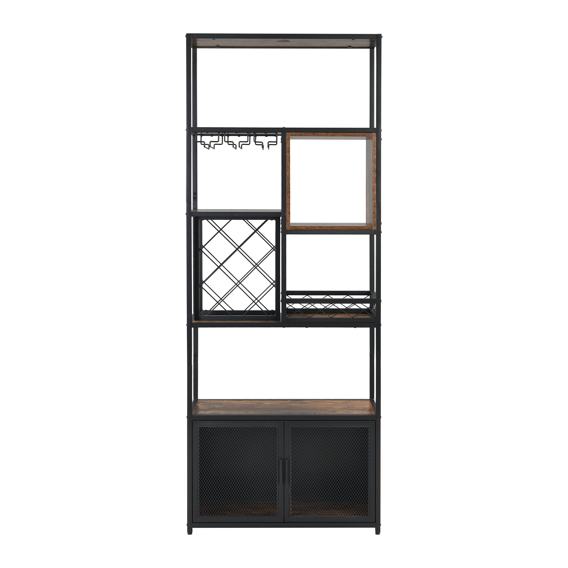 82.7" Industrial Tall Black Bar Wine Rack Cabinet With Glass Holder Wood Home Bar Cabinet Walnut Black Dining Room Industrial Mdf Metal