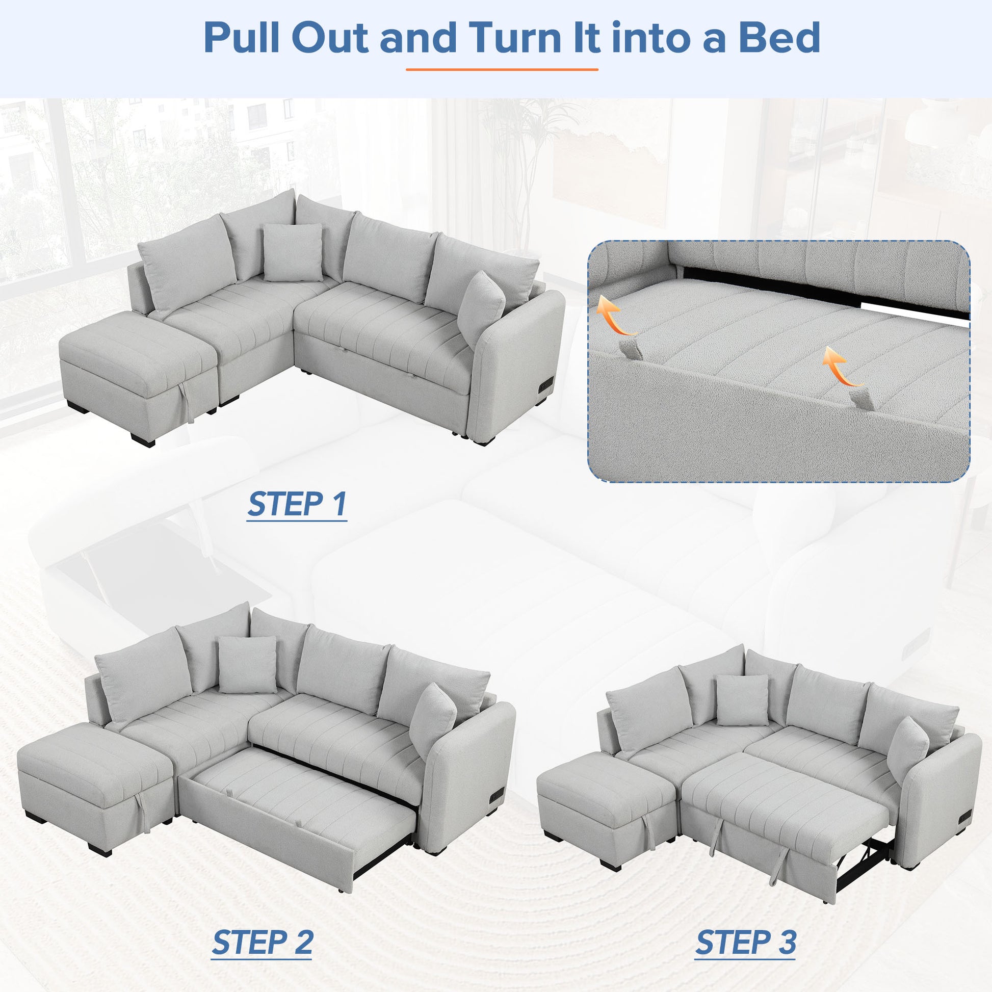 82.6" L Shaped Sectional Pull Out Sofa Bed Sleeper Sofa With Two Usb Ports, Two Power Sockets And A Movable Storage Ottoman, Gray Gray Foam Polyester