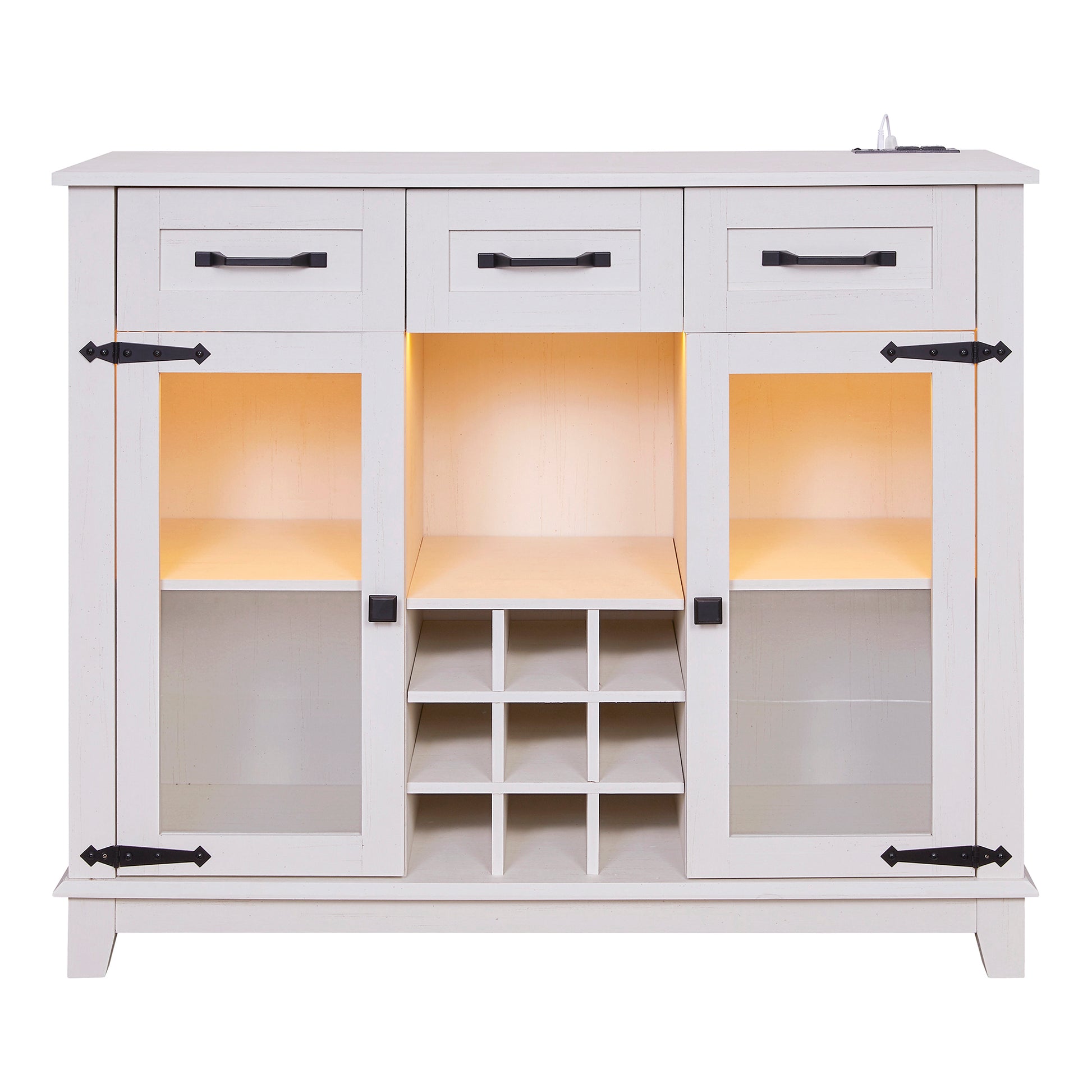 42" Modern Farmhouse Sideboard Buffet Coffee Bar Cabinet Storage Cabinet With Led Charging Station, Wine & Glass Rack,3 Drawers, For Kitchen, Dining Room, Living Room Antique White White Classic Mdf