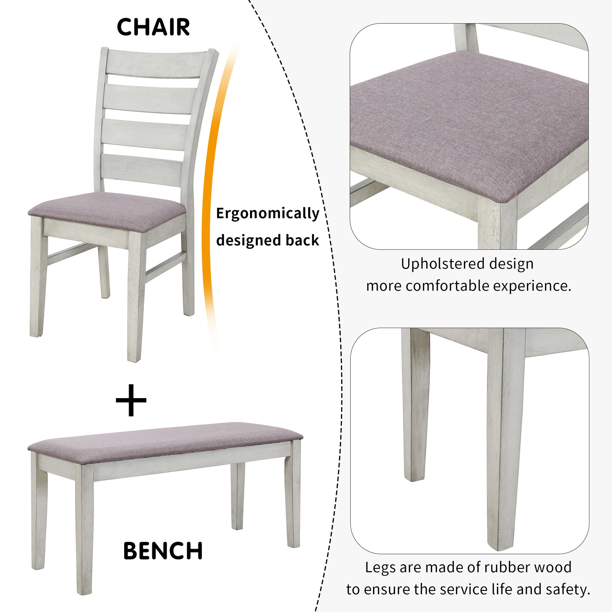 6 Piece Retro 59"L Rectangular Dining Table Set, Table With Unique Legs And 4 Upholstered Chairs & 1 Bench For Dining Room And Kitchen White Wood Dining Room Distressed Finish Rubberwood Rectangular Dining Table With Chair And Bench Upholstered Chair