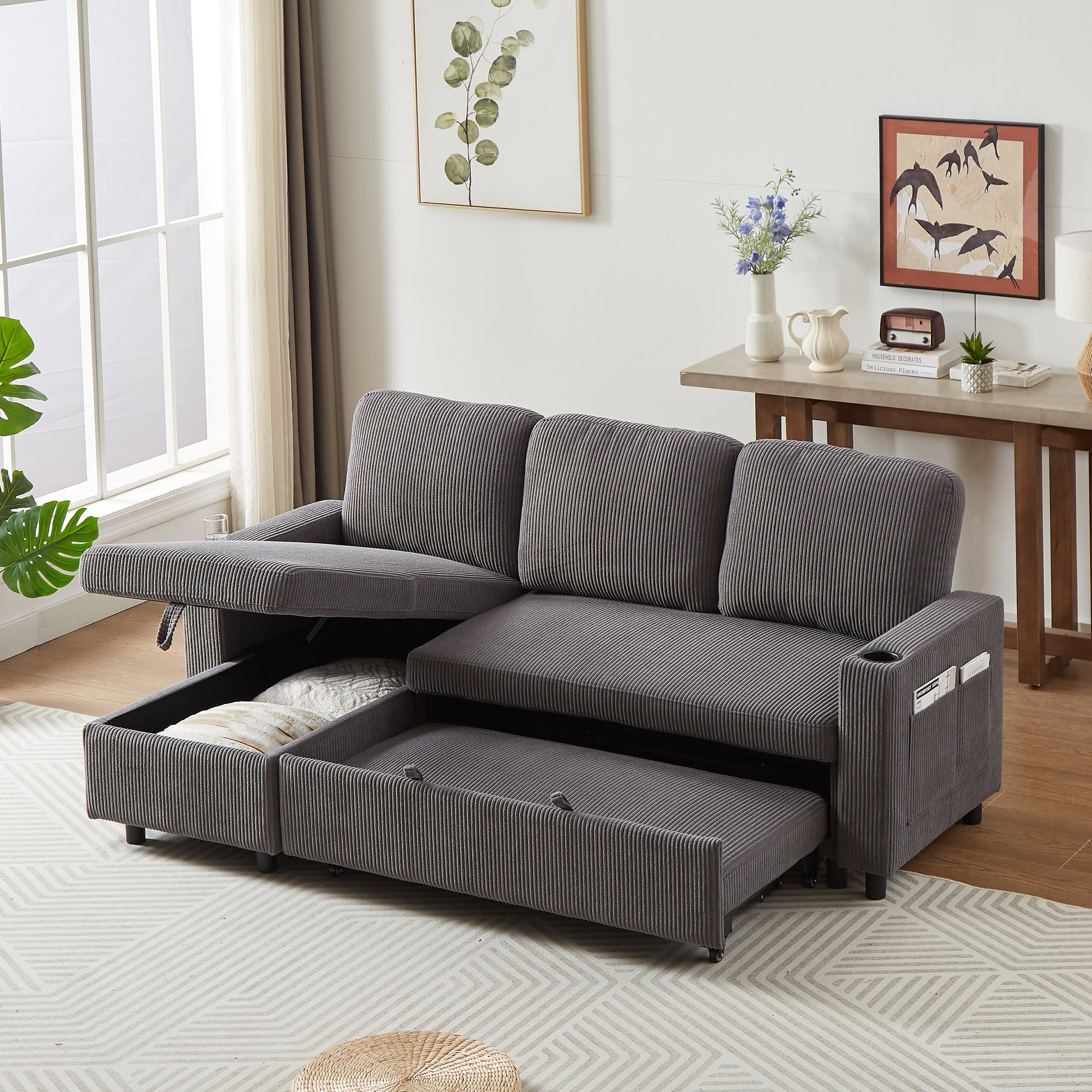 Fx78.7" Comfortable Corduroy L Shaped Combo Sofa Bed, Living Room Furniture Set For Tight Spaces, Reversible Sleeper Combo Sofa With Pullout Bed, Reversible Sofa Bed For Living Room, Office, Apartment Grey Wood Primary Living Space Foam Corduroy 3 Seat
