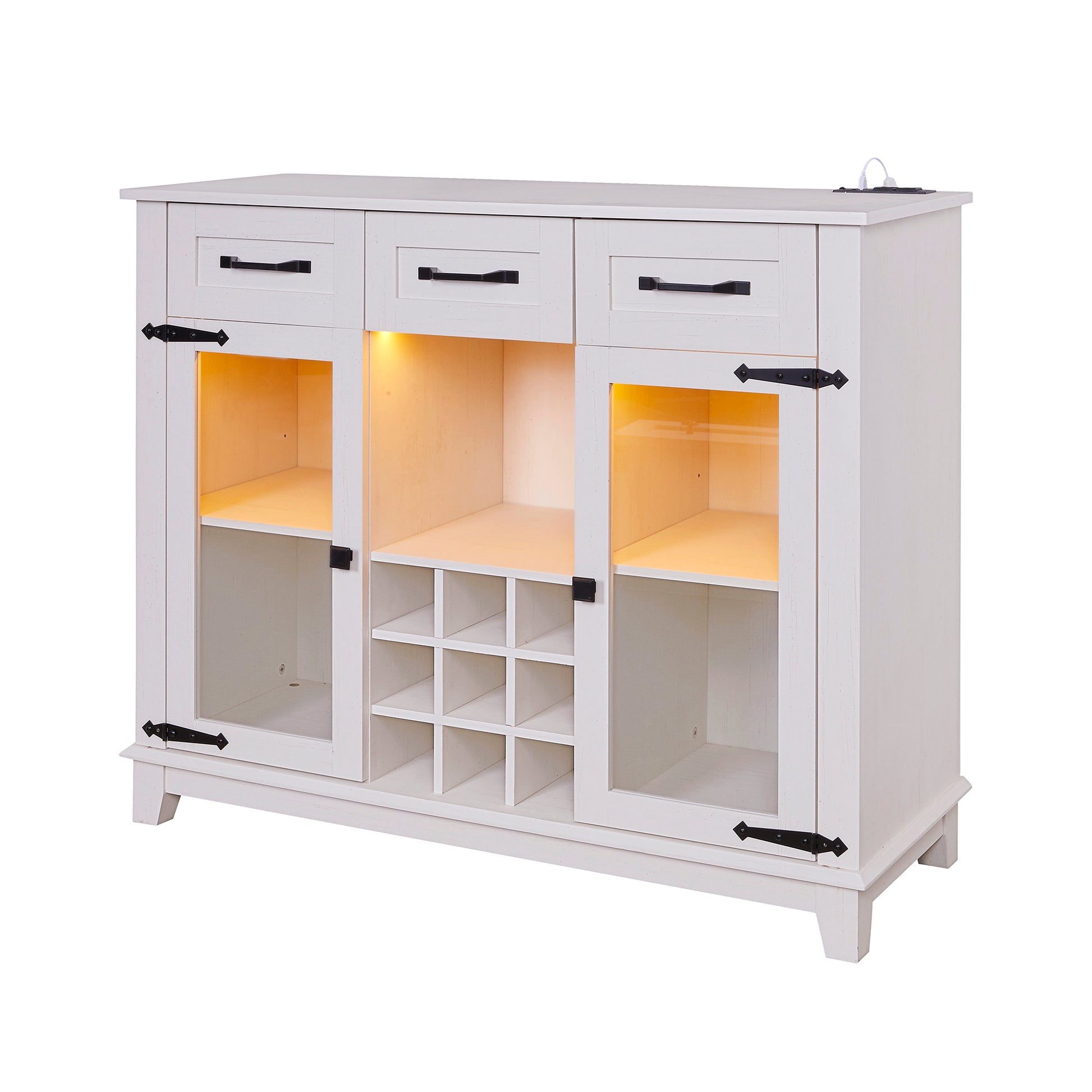 42" Modern Farmhouse Sideboard Buffet Coffee Bar Cabinet Storage Cabinet With Led Charging Station, Wine & Glass Rack,3 Drawers, For Kitchen, Dining Room, Living Room Antique White White Classic Mdf