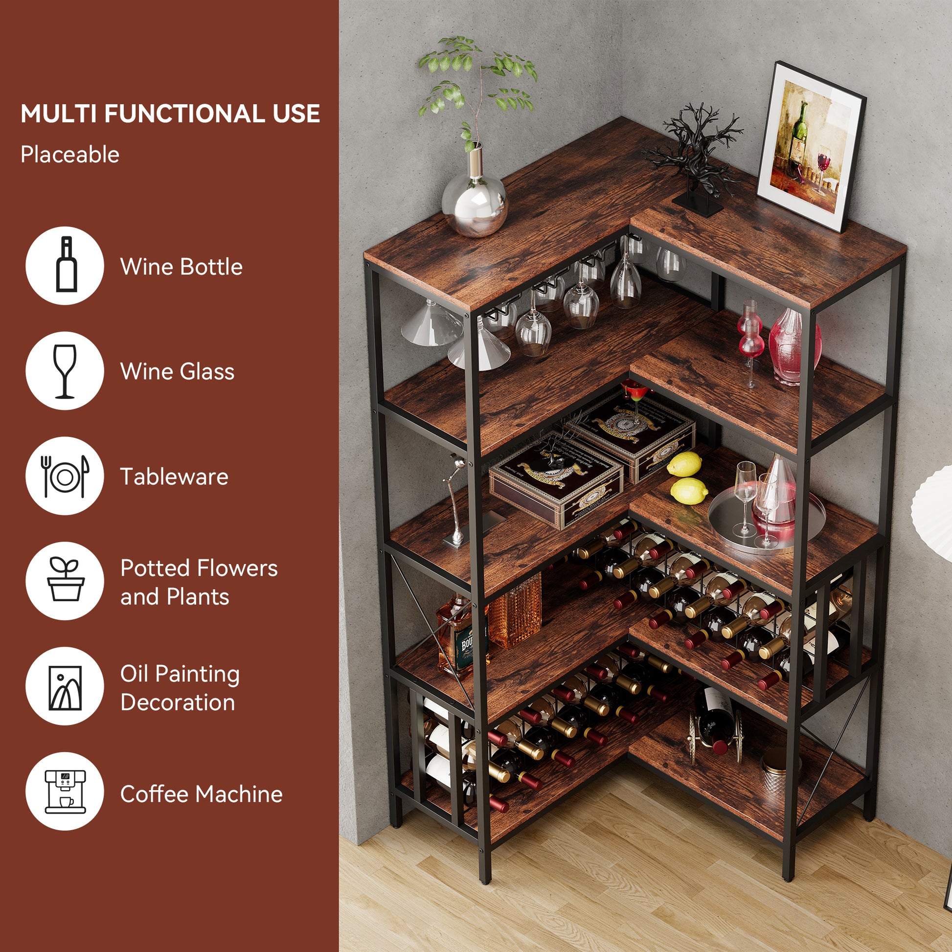 Corner Wine Rack Bar Cabinet Industrial Freestanding Floor Bar Cabinets For Liquor And Glasses Storage For Home Kitchen Walnut Black Dining Room Industrial Mdf Metal