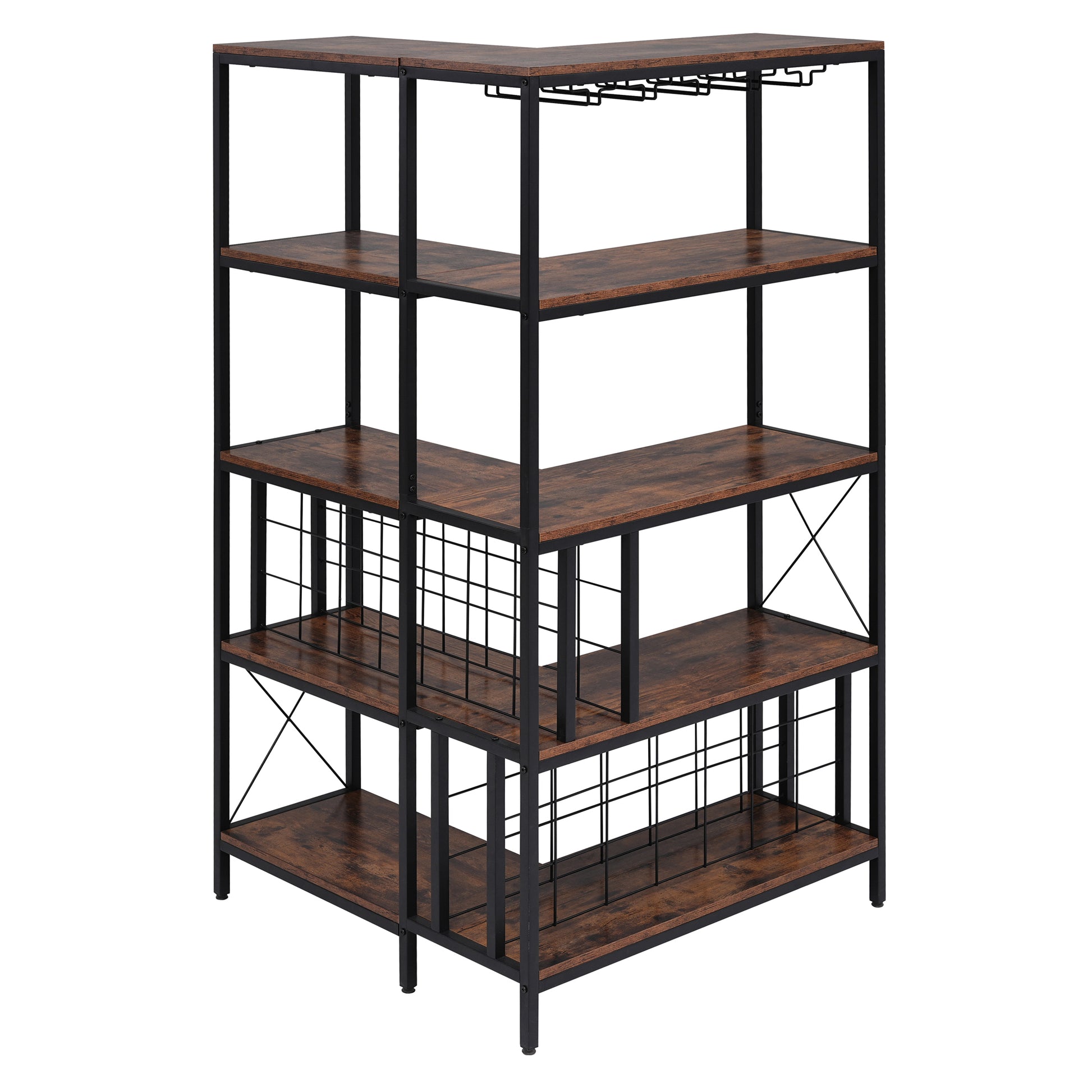 Corner Wine Rack Bar Cabinet Industrial Freestanding Floor Bar Cabinets For Liquor And Glasses Storage For Home Kitchen Walnut Black Dining Room Industrial Mdf Metal