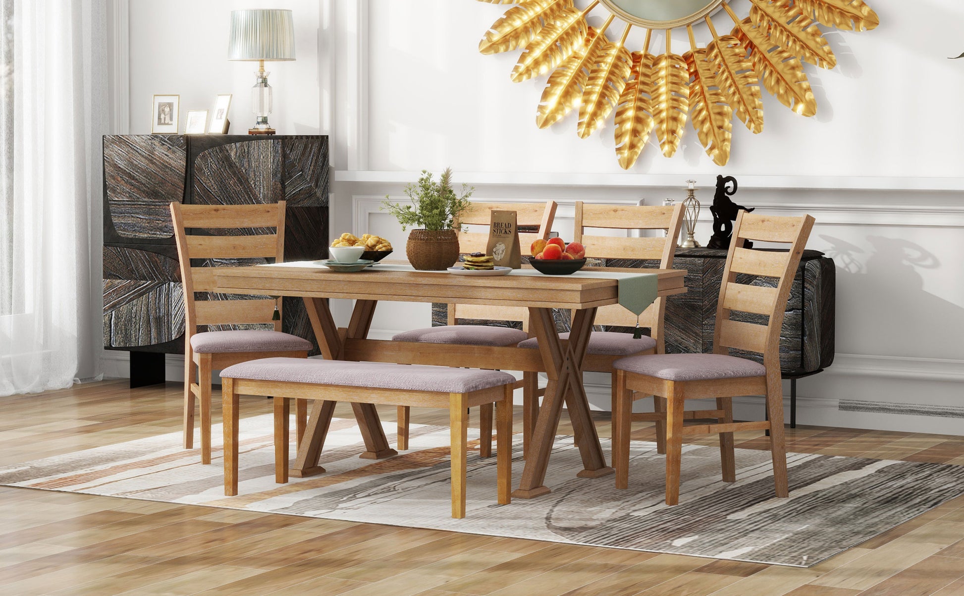 6 Piece Retro 59"L Rectangular Dining Table Set, Table With Unique Legs And 4 Upholstered Chairs & 1 Bench For Dining Room And Kitchen Natural Wood Wash Wood Dining Room Distressed Finish Rubberwood Rectangular Dining Table With Chair And Bench