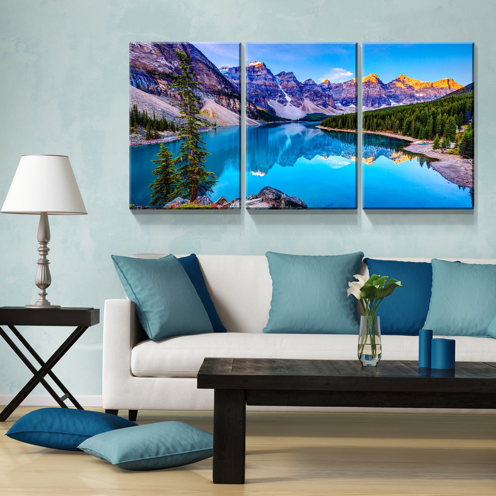 3 Panels Framed Nature Landscape Mountain & Lake Canvas Wall Art Decor,3 Pieces Mordern Canvas Decoration Painting For Office,Dining Room,Living Room, Bedroom Decor Ready To Hang Rectangle Framed