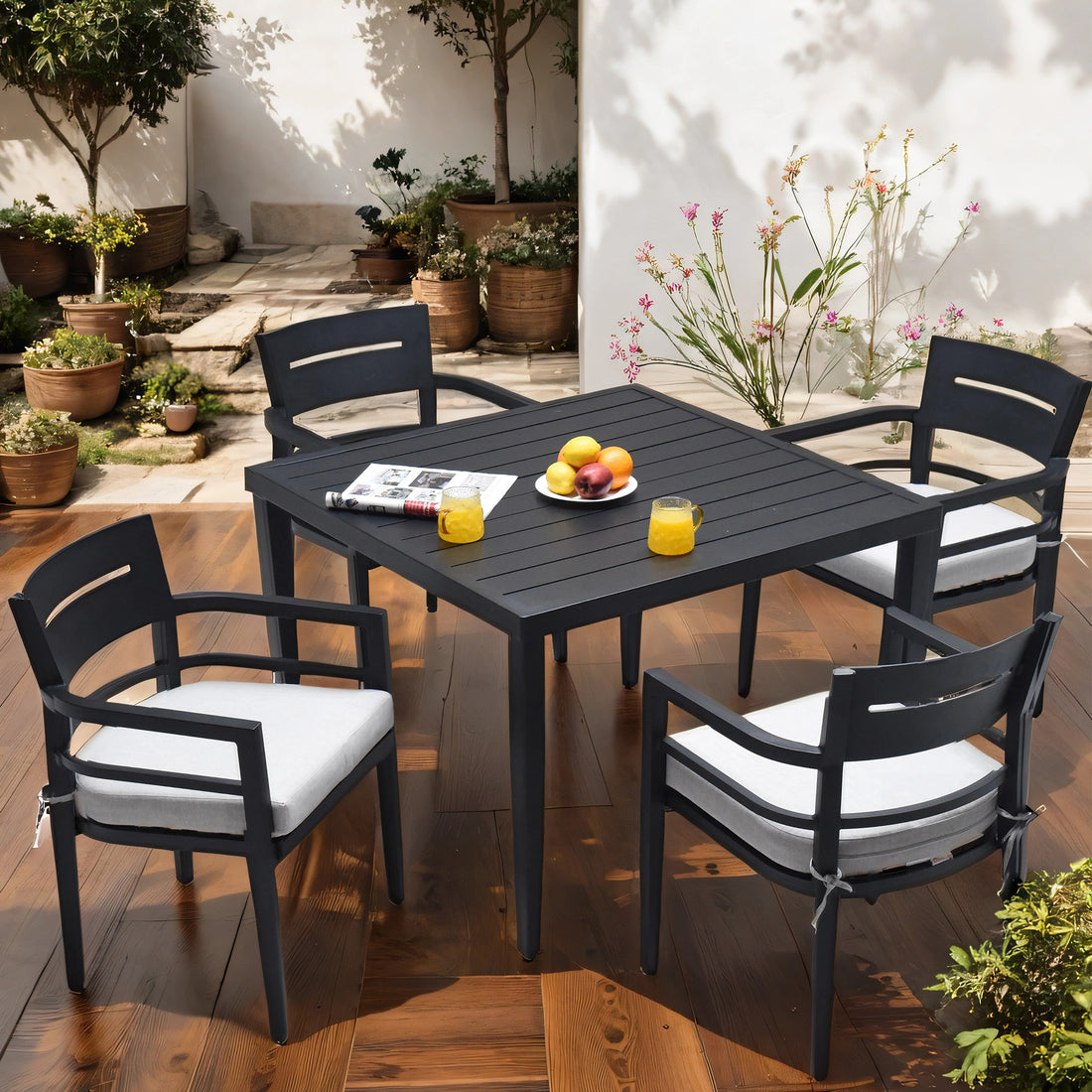 5 Piece Outdoor Patio Aluminum Furniture, Modern Dining Set, Including 4 Dining Chairs Sunbrella Fabric Cushioned And 40" Square Dining Table With Umbrella Hole, Ember Black Yes Dining Set Ember Black Seats 4 Rust Resistant Frame Fade Resistant Cushion