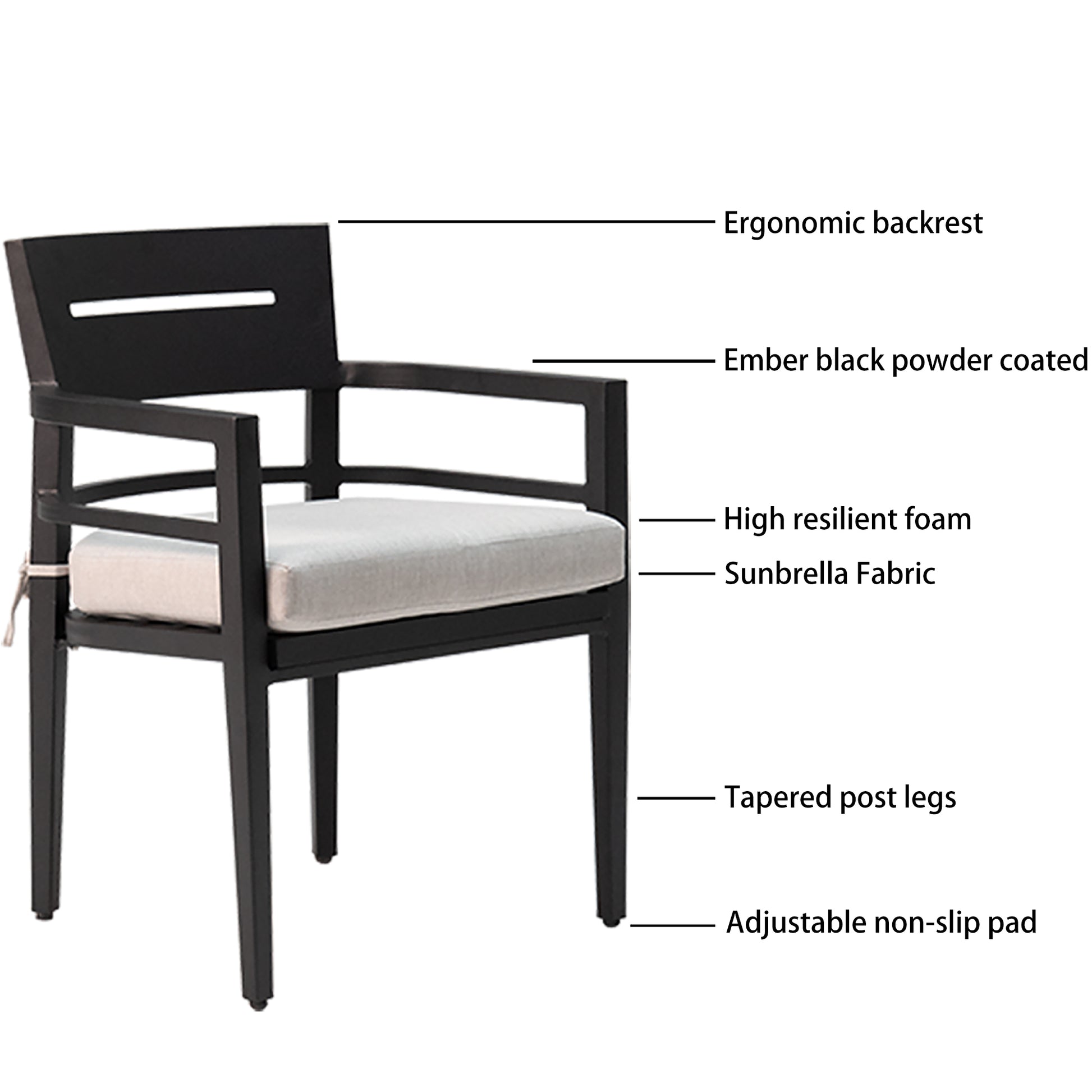 5 Piece Outdoor Patio Aluminum Furniture, Modern Dining Set, Including 4 Dining Chairs Sunbrella Fabric Cushioned And 40" Square Dining Table With Umbrella Hole, Ember Black Yes Dining Set Ember Black Seats 4 Rust Resistant Frame Fade Resistant Cushion