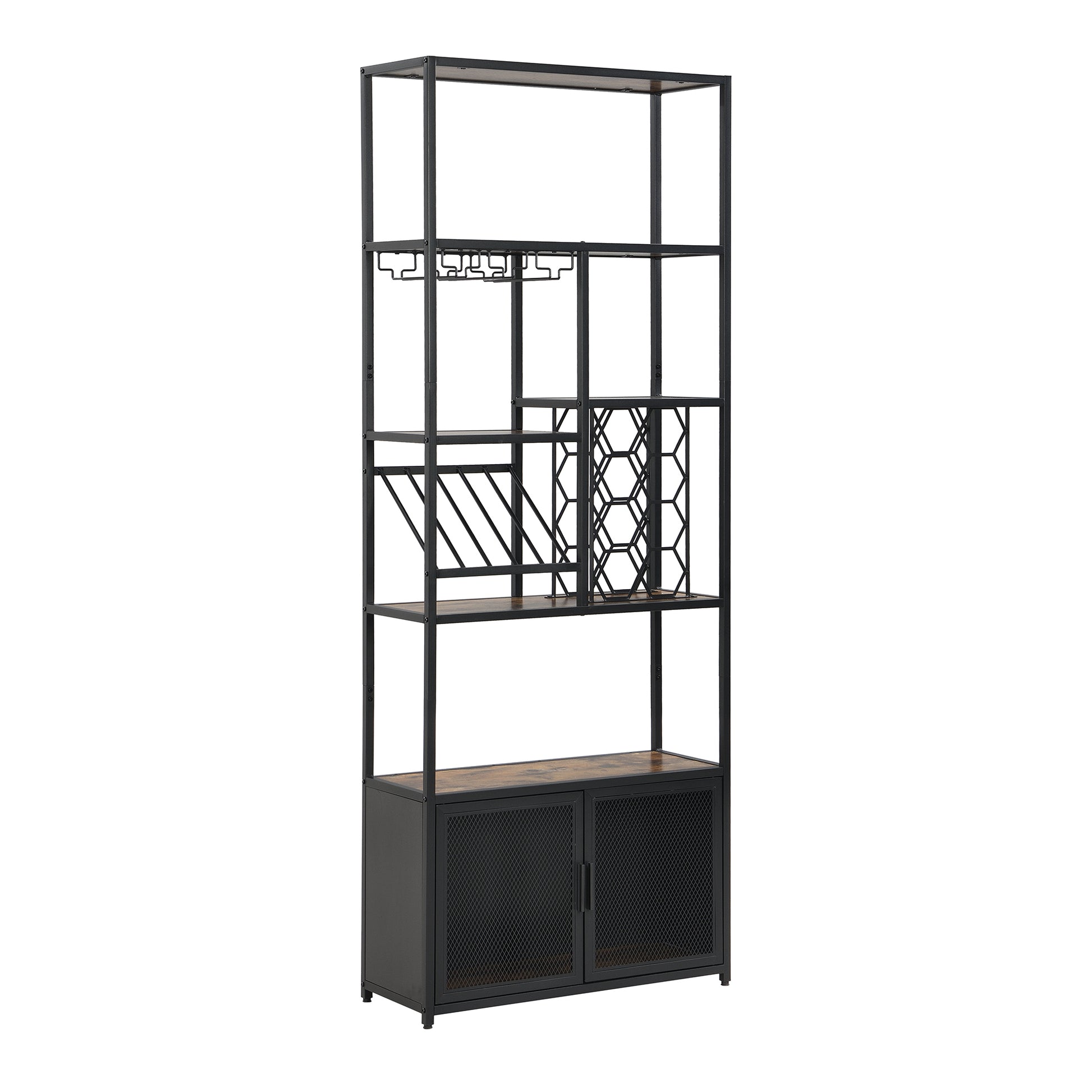 82.7" Industrial Standing Wine Rack With Glass Rack Tall Freestanding Floor Bar Cabinet Walnut Black Dining Room Industrial Mdf Metal