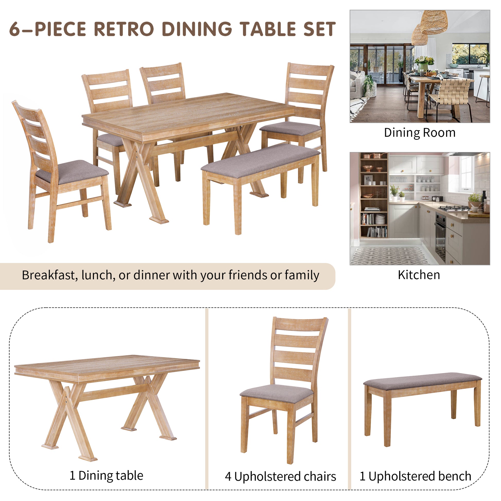 6 Piece Retro 59"L Rectangular Dining Table Set, Table With Unique Legs And 4 Upholstered Chairs & 1 Bench For Dining Room And Kitchen Natural Wood Wash Wood Dining Room Distressed Finish Rubberwood Rectangular Dining Table With Chair And Bench