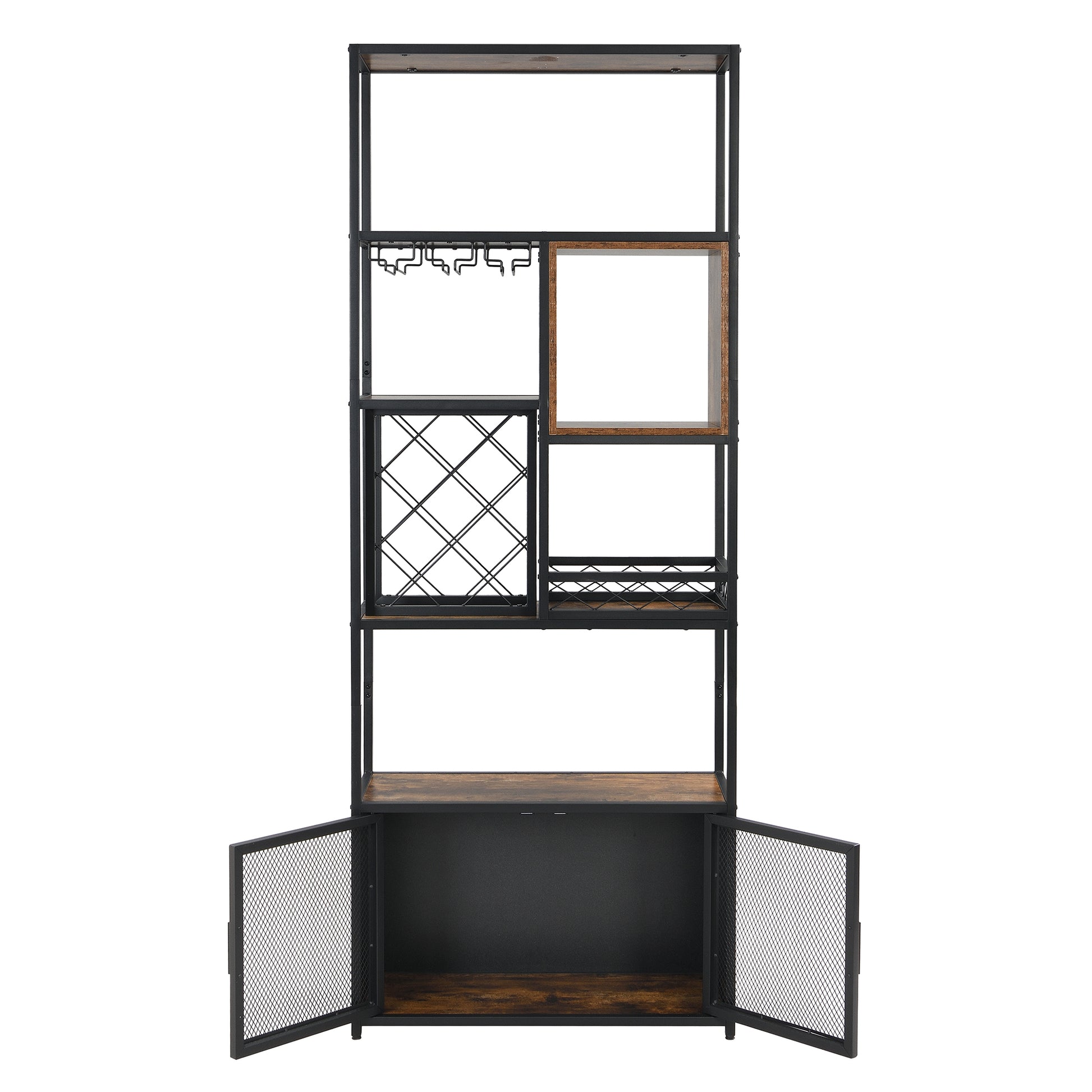 82.7" Industrial Tall Black Bar Wine Rack Cabinet With Glass Holder Wood Home Bar Cabinet Walnut Black Dining Room Industrial Mdf Metal