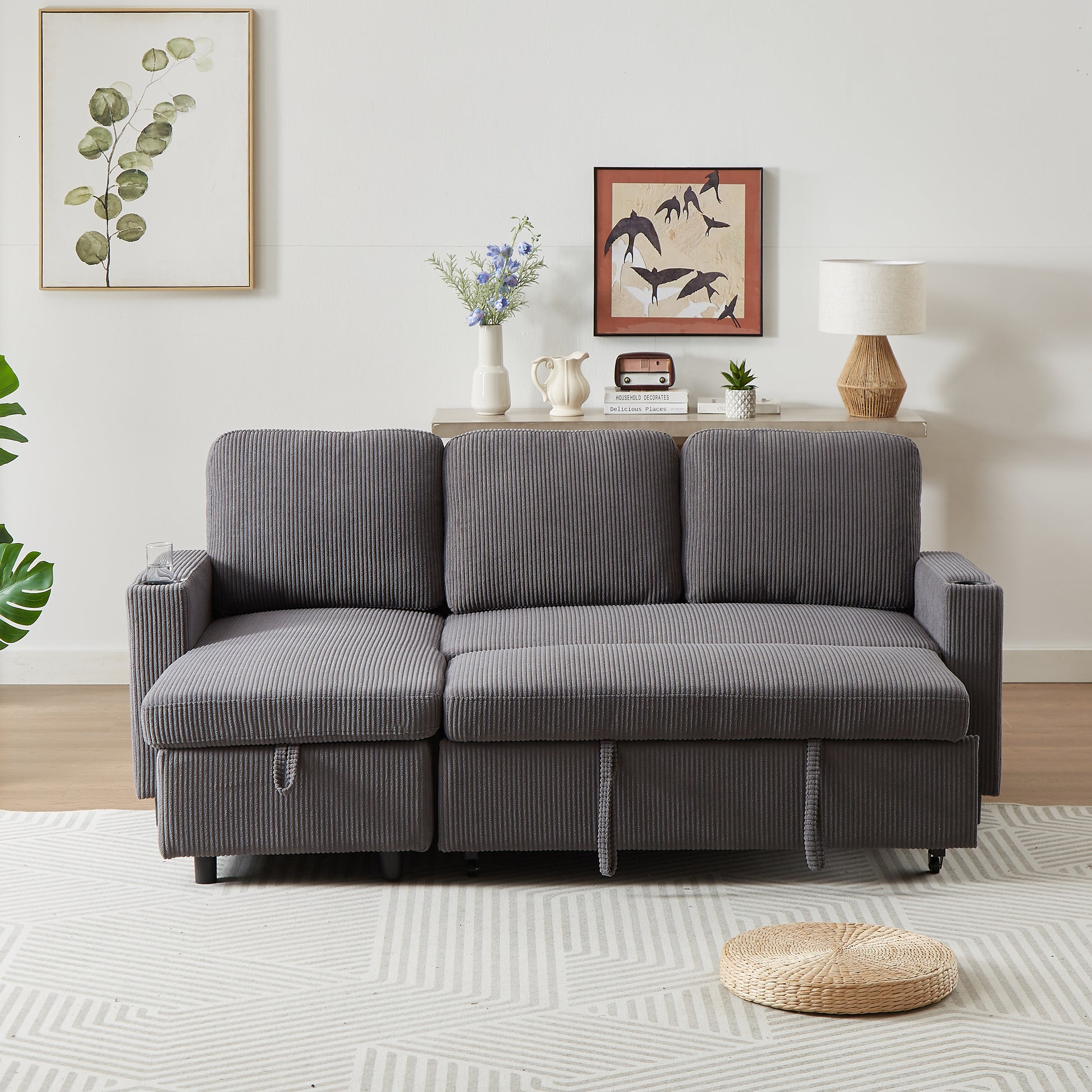 Fx78.7" Comfortable Corduroy L Shaped Combo Sofa Bed, Living Room Furniture Set For Tight Spaces, Reversible Sleeper Combo Sofa With Pullout Bed, Reversible Sofa Bed For Living Room,W1926S00011 Grey Wood Primary Living Space Foam Corduroy 3 Seat