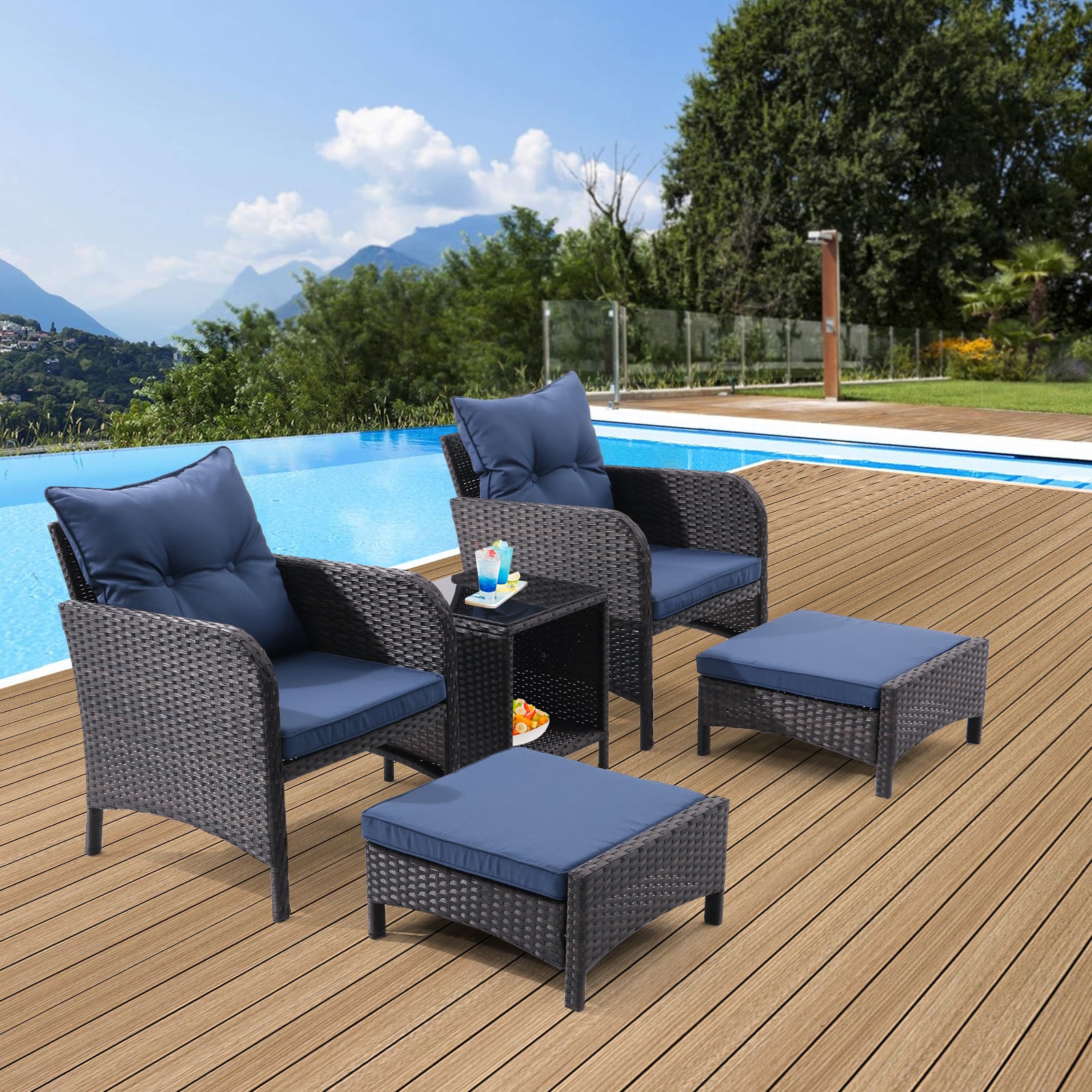 5 Piece Outdoor Patio Furniture Set,All Weather Pe Rattan Conversation Chairs With Armrest And Removable Cushions,Ottomans And Storage Coffee Table For Poolside Garden Balcony Deck Peacock Blue Yes Peacock Blue Pe Rattan Iron Waterproof Fabric