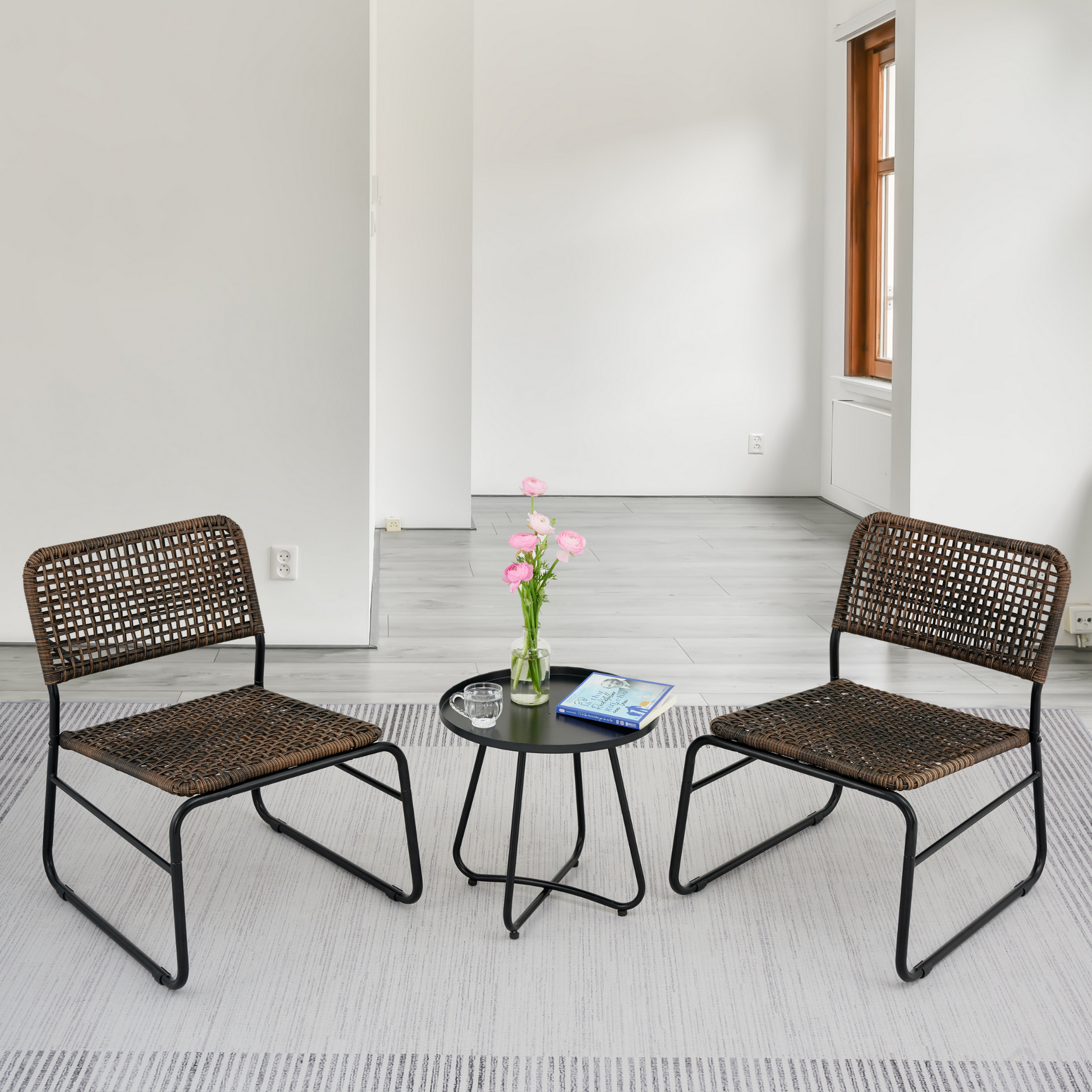 Patio Furniture Set 3 Piece Mixture Pattern Pe Rattan Steel Frame And Modern Round Table, Brown And Black No Sectional Black Brown Seats 2 Rust Resistant Frame Garden & Outdoor American Design,American Traditional,Antique,Vintage 2 Person Seating Group