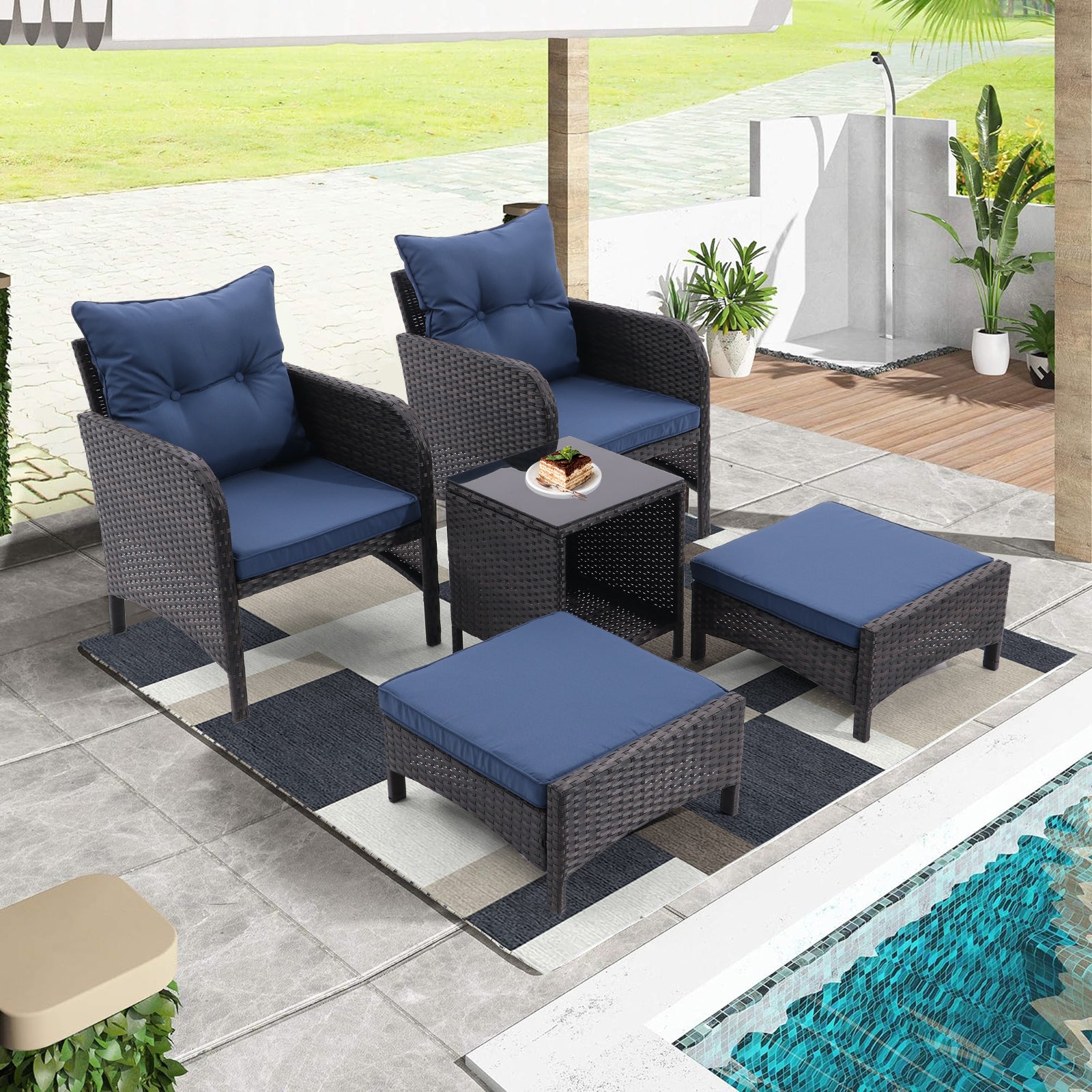 5 Piece Outdoor Patio Furniture Set,All Weather Pe Rattan Conversation Chairs With Armrest And Removable Cushions,Ottomans And Storage Coffee Table For Poolside Garden Balcony Deck Peacock Blue Yes Peacock Blue Pe Rattan Iron Waterproof Fabric